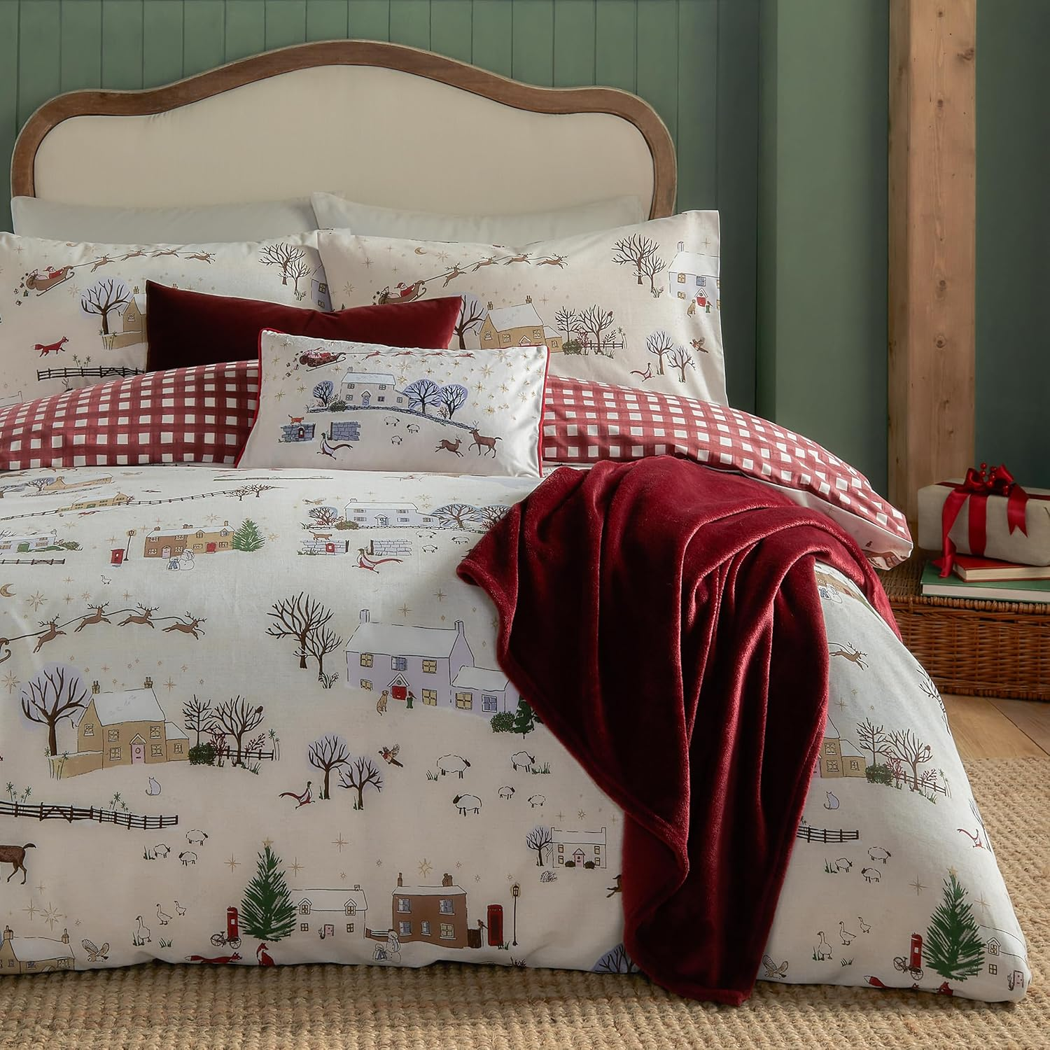 Furn. Cotswolds Christmas Duvet Cover Set &ndash; Reversible Gingham Design Bedding (Cream/Burgundy - Single) image number 5