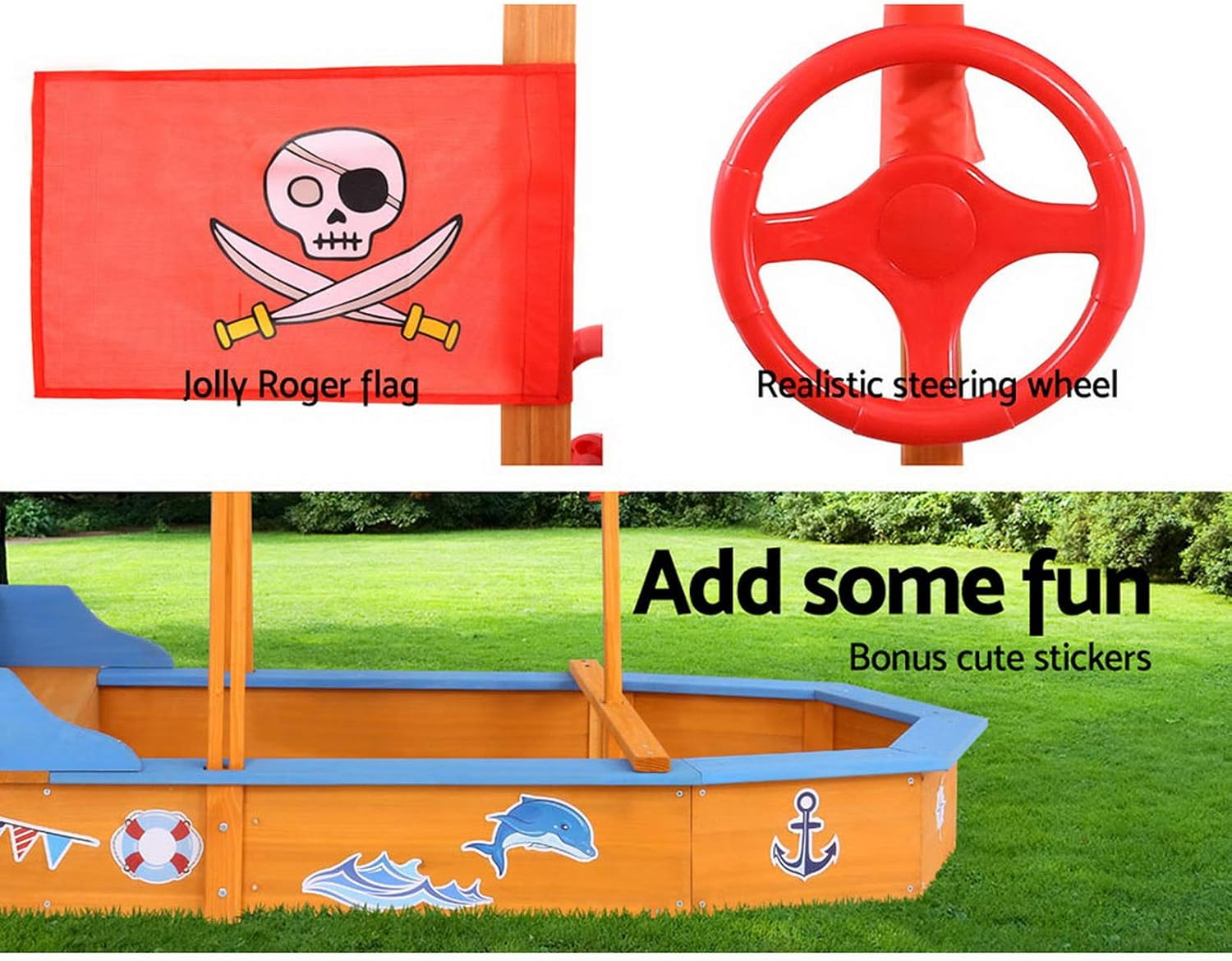Keezi Kids Sandpit, Wooden Water Table Sand Pit Play Toys Sandcastle Garden Patio Beach Activity Outdoor Toy Games, with Canopy Ground Sheet Steering Wheel Multi-Coloured image number 1
