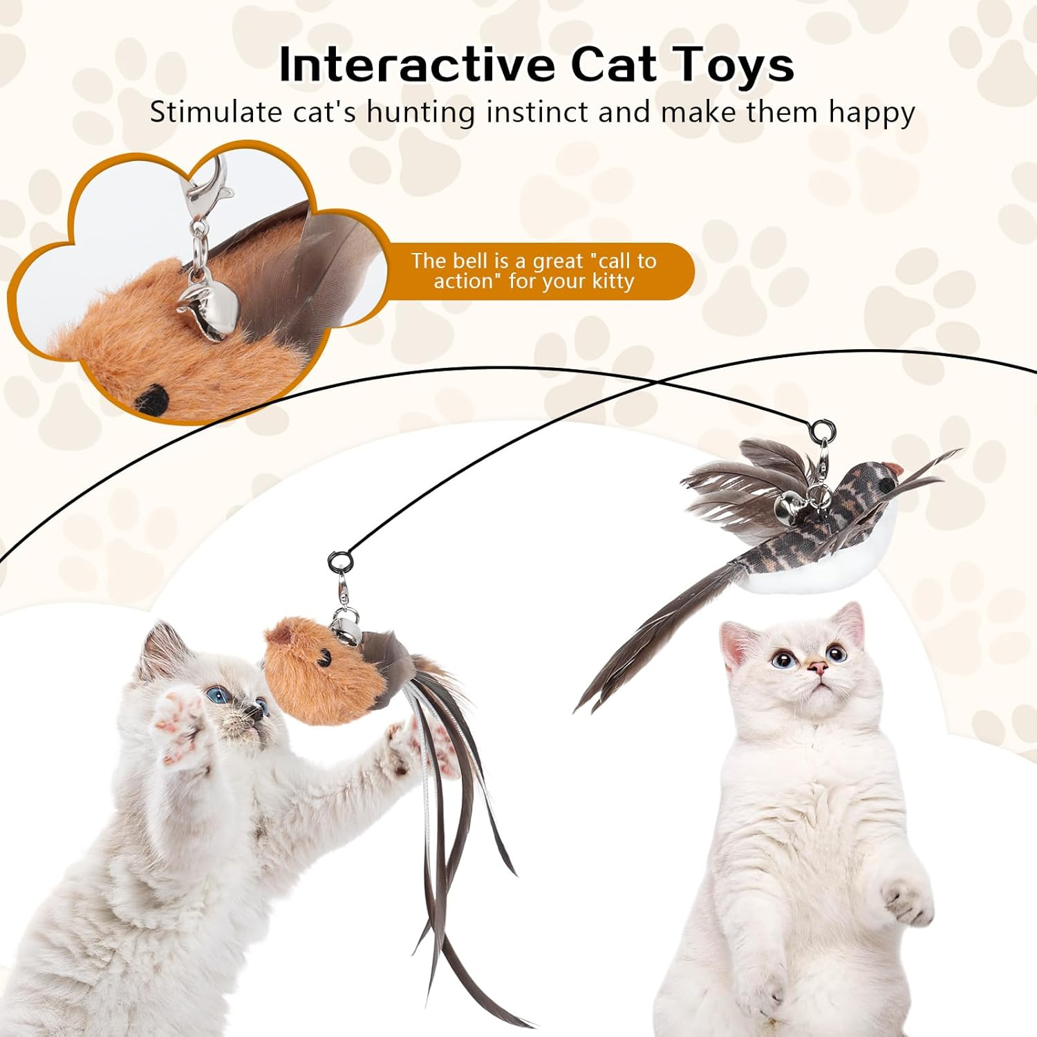 Aiqinu Cat Toy Interactive Cat Toy Suction Cup 1 Cat Fishing Rod with 2 Bells Birds, Intelligence Toy for Cats Wand image number 3
