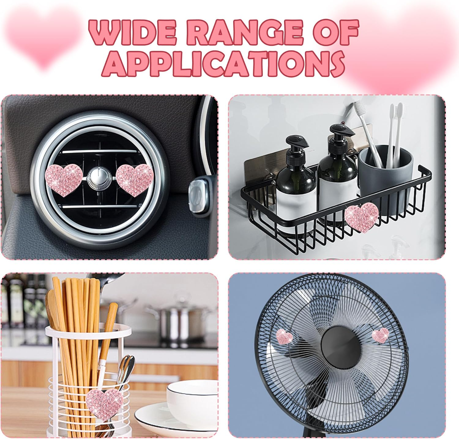 4PCS Heart-Shaped Car Vent Clips with Rhinestone,Bling Air Vent Clips Car Decorations,Premium Shiny Car Clips for Vents Ccar Accessories Interior for Cars,Trucks,Suvs (Pink)