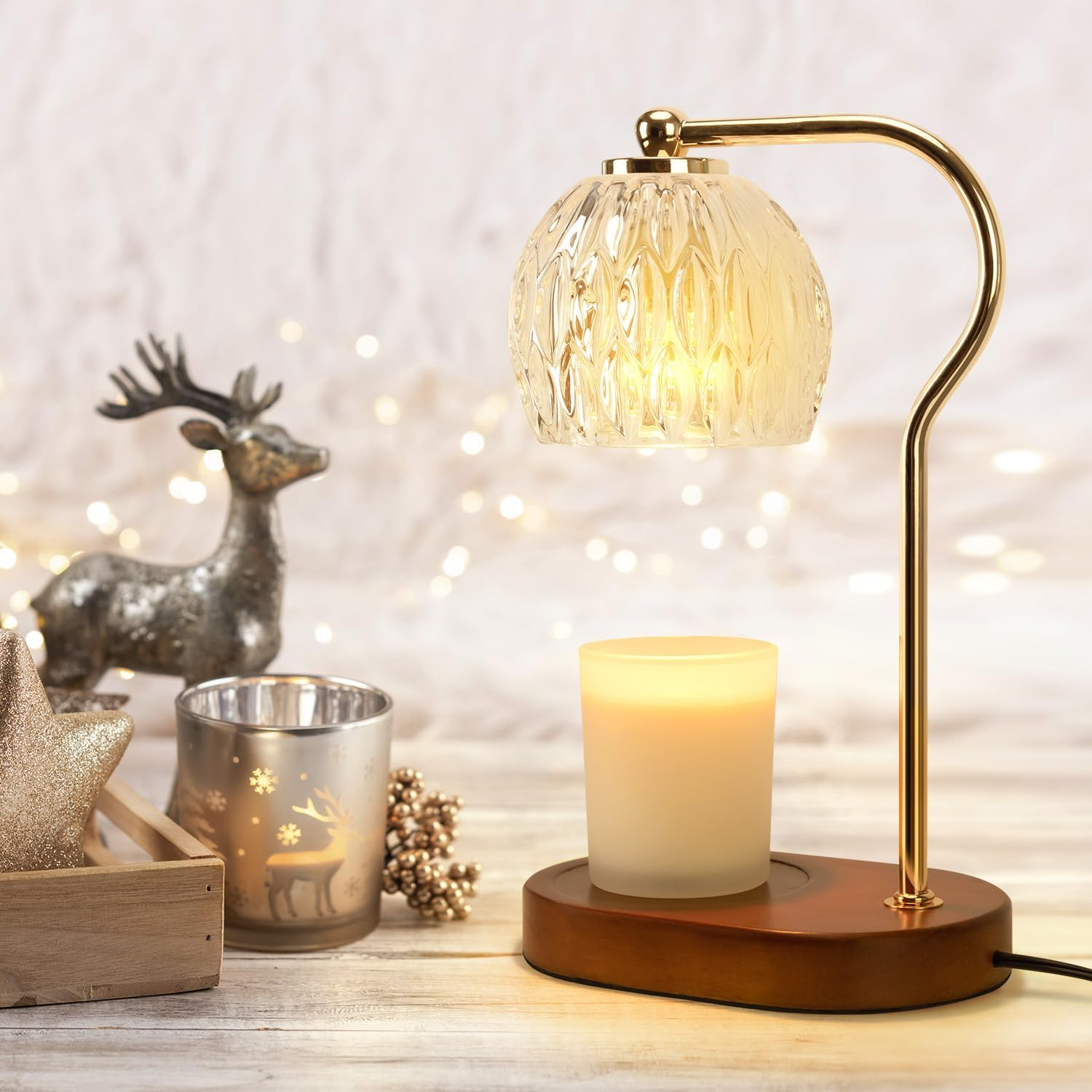 Soilsiu Candle Warmer Lamp with Timer, Dimmable Candle Lamp for All Scented Candles, Candle Warmer with 2 X 50W Bulbs for Home Decor Winter (Brown) - Wood image number 5