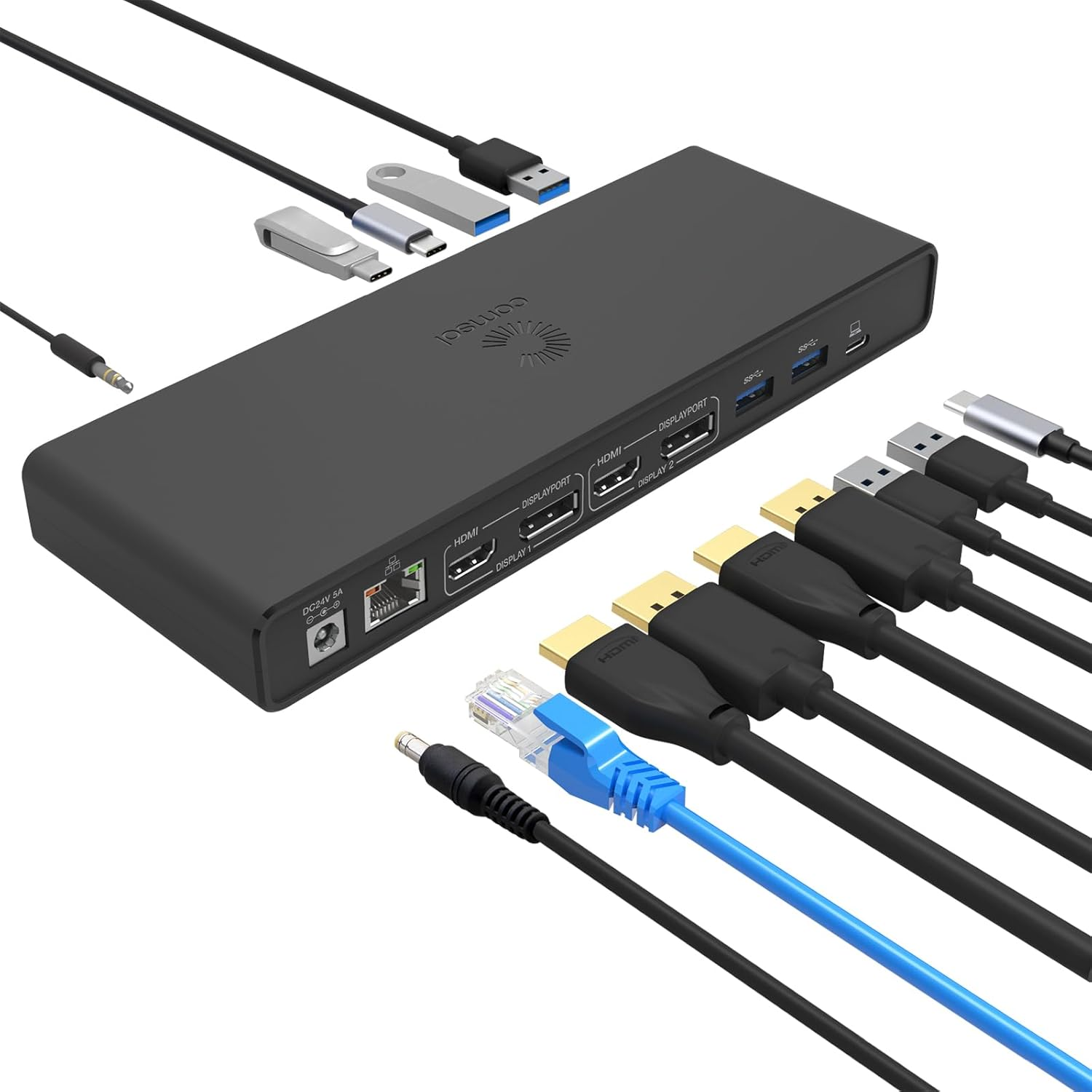 Comsol Universal USB-C Displaylink Dual 4K HDMI Docking Station, Black, 2 Displayport, 2 HDMI, 4 USB-A, 1 Ethernet Port, Audio Jack, with 120W AC Adapter image number 1