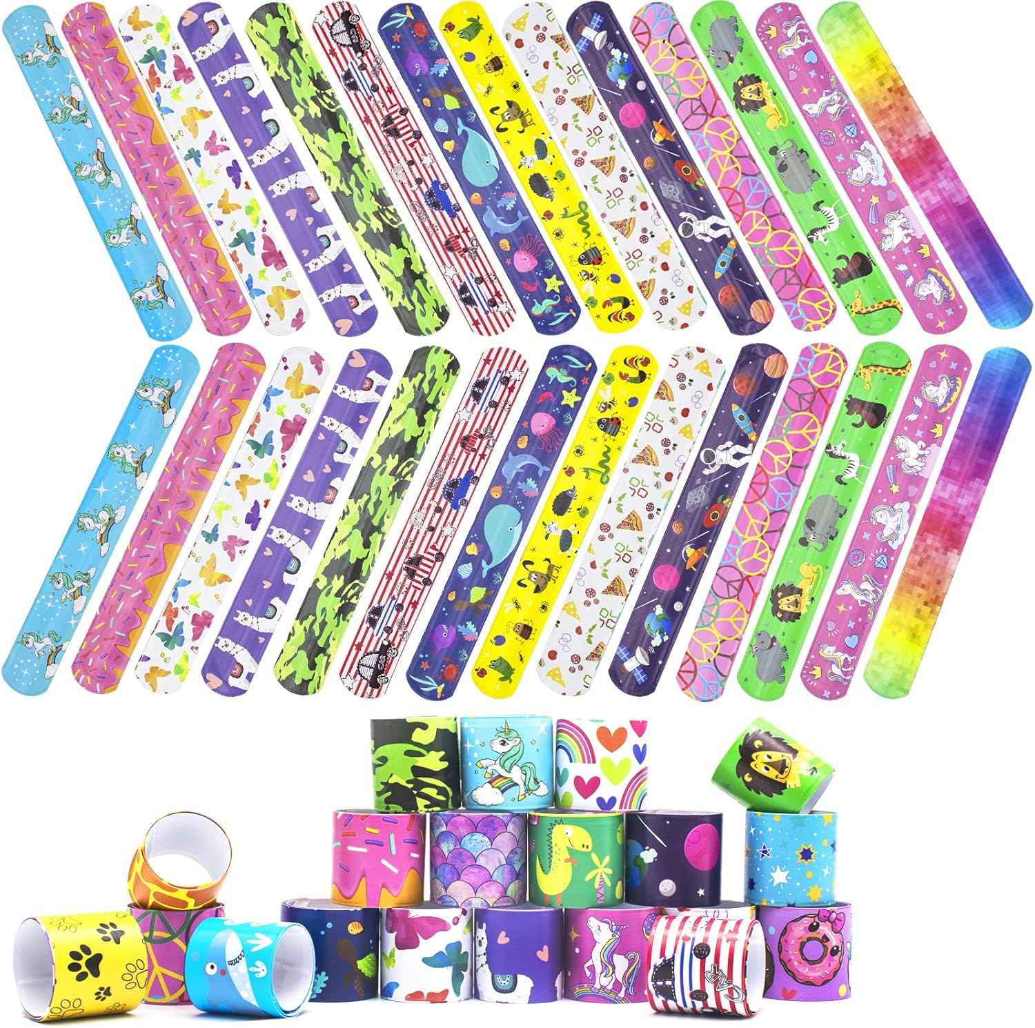 30 PCS Slap Bracelet for Kids Party Bag Fillers, Boys & Girls Mix Wristbands Fun Boys and Girls Snap Bands Bulk Vinyl Rolls for Birthday Gift Goodie Bag Flavors School Classroom Little Toys