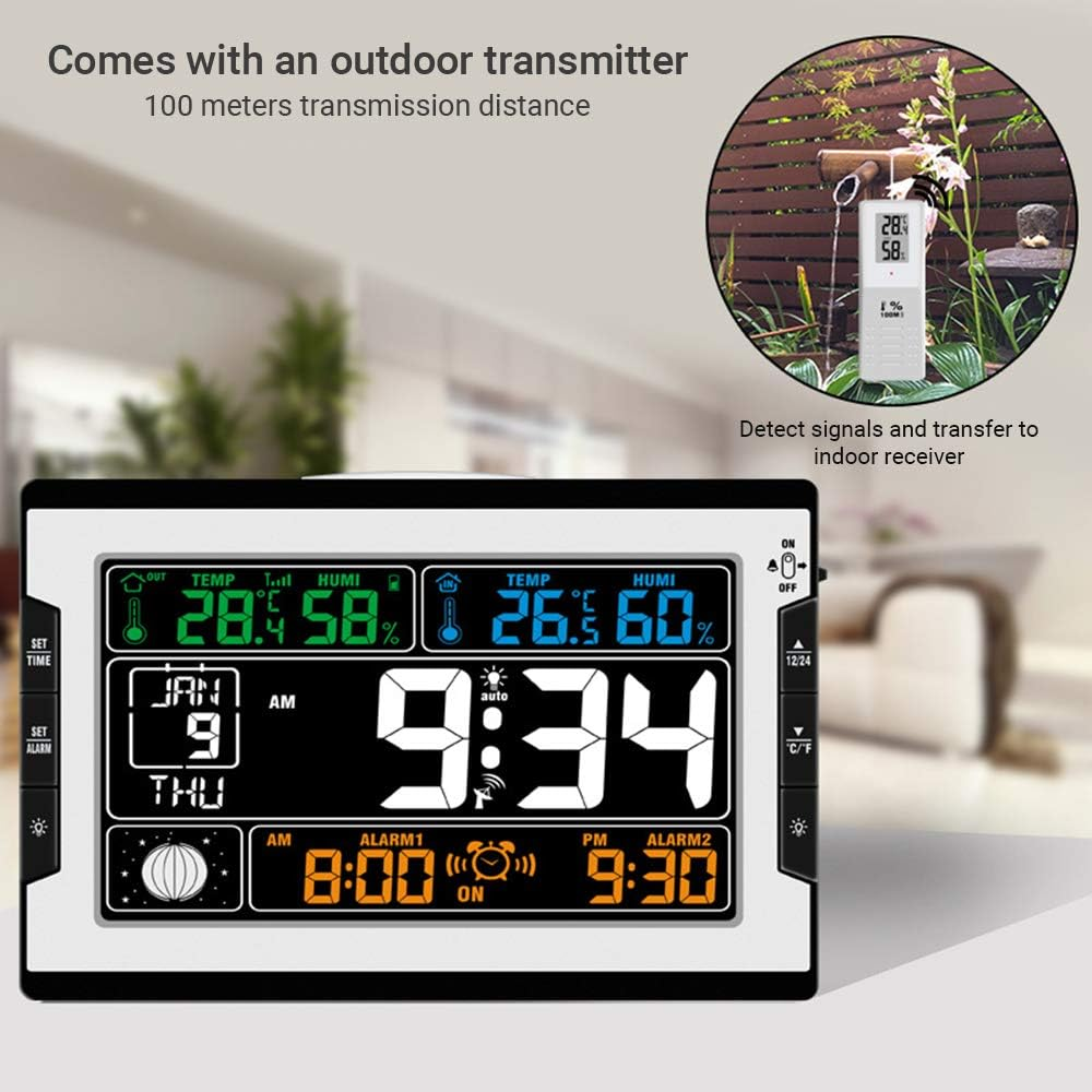 Indoor Temperature Humidity Digital Multifunctional Clock Thermo-Hygrometer with Large Color Display Backlight Perpetual Calendar Phase Alarm RF Function Table Wall Mount image number 1