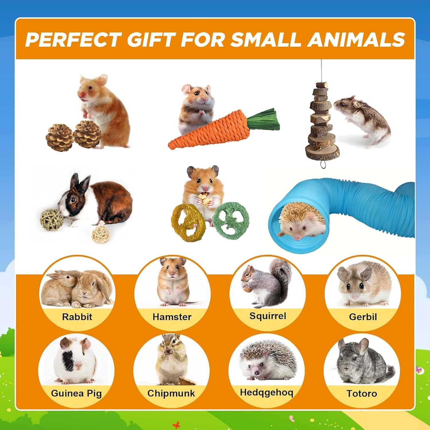 SUSOO 9Pcs Hamster Toys Set with Safe Natural Chew Toys and Extendable Play Tunnel, Rodents Teeth Care for Hedgehog, Rat, Chinchillas,Guinea Pig, Foraging Toy for Small Animal Cage Accessories image number 4