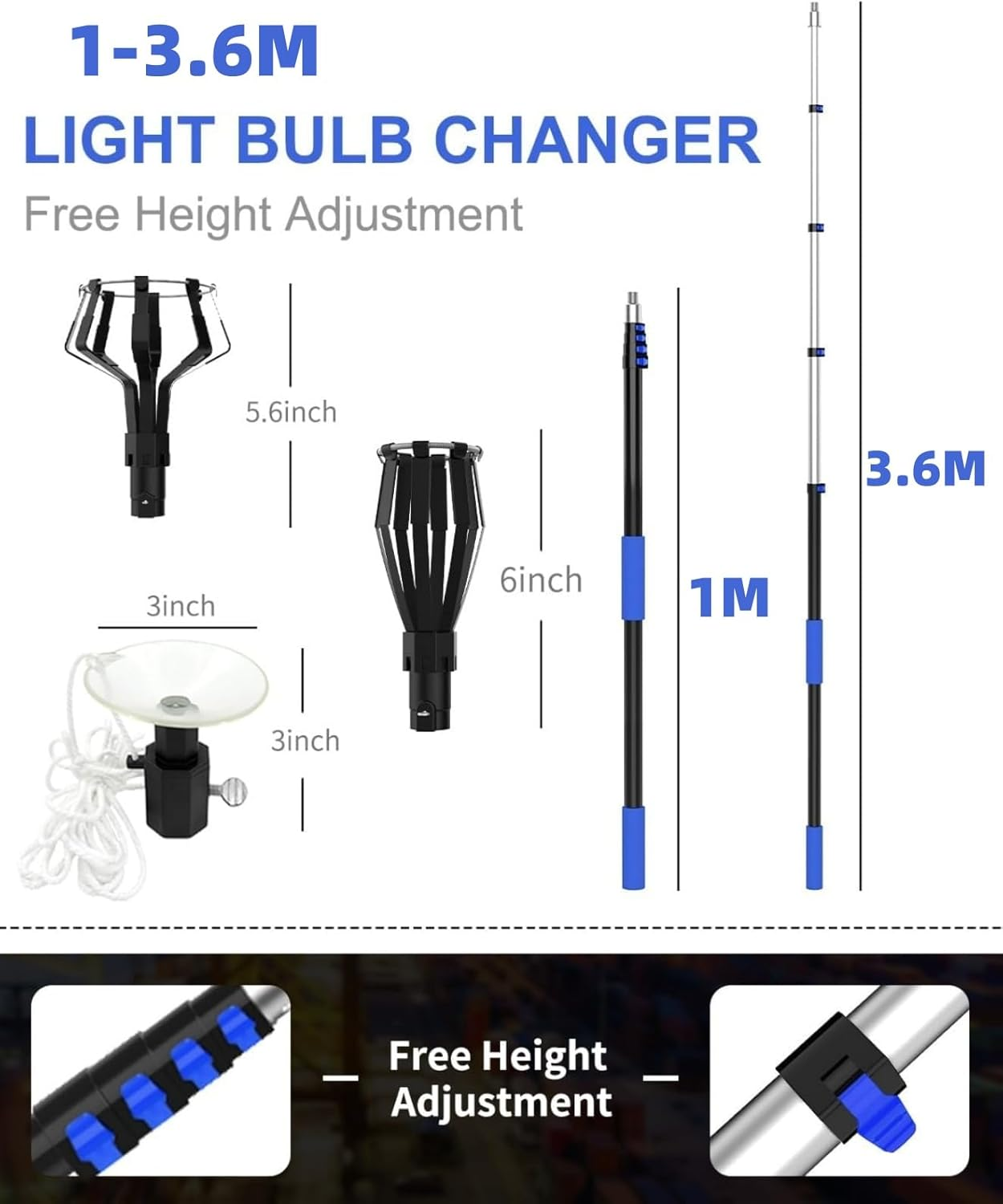 Ssumght 5.5M Reach Light Bulb Changer for High Ceilings with Telescopic Extension Pole, 1-3.6M Light Bulb Extension Pole Changer with Basket and Suction Cup for High Ceilings and Recessed Light,3.6M image number 2