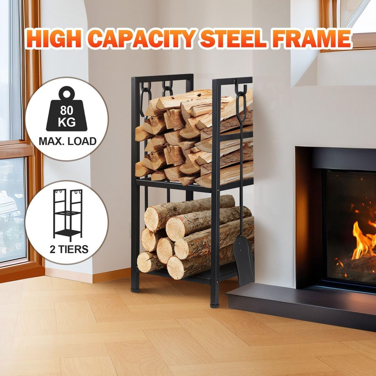 5In1 Firewood Storage Rack Fire Place Tool Kit Wrought Iron Firewood Log Storage Holder Firepit Tools Set for Fireplace, Fire Pit, Stove W/Hook, Broom, Shovel, Tongs - Black image number 3