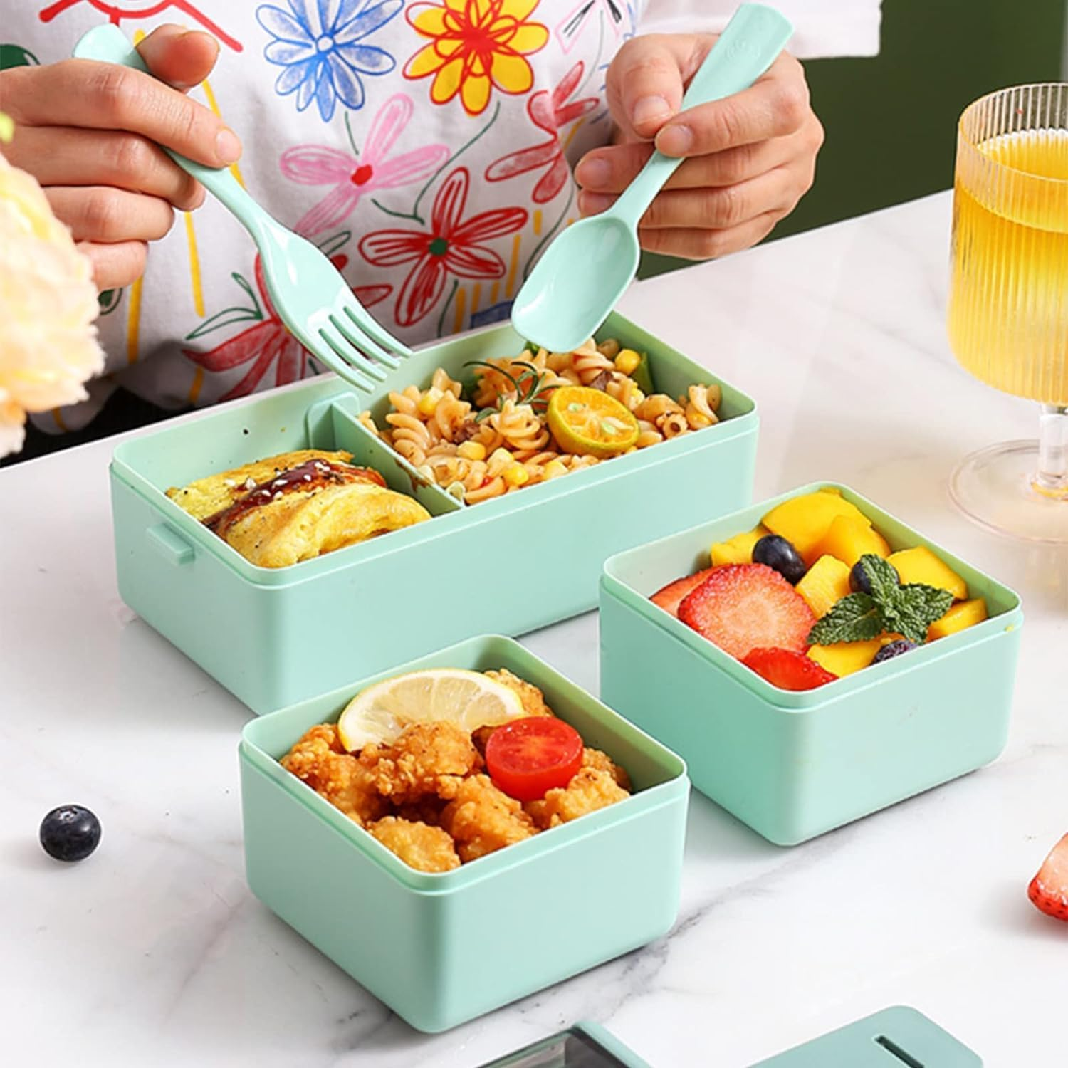 Lunch Box, 1400Ml Bento Box with Spoon Fork, Stackable 2 Layer 3 Compartments Leak Proof, Meal Prep Container for Adults Kids Students Office Microwave Dishwasher Safe image number 1