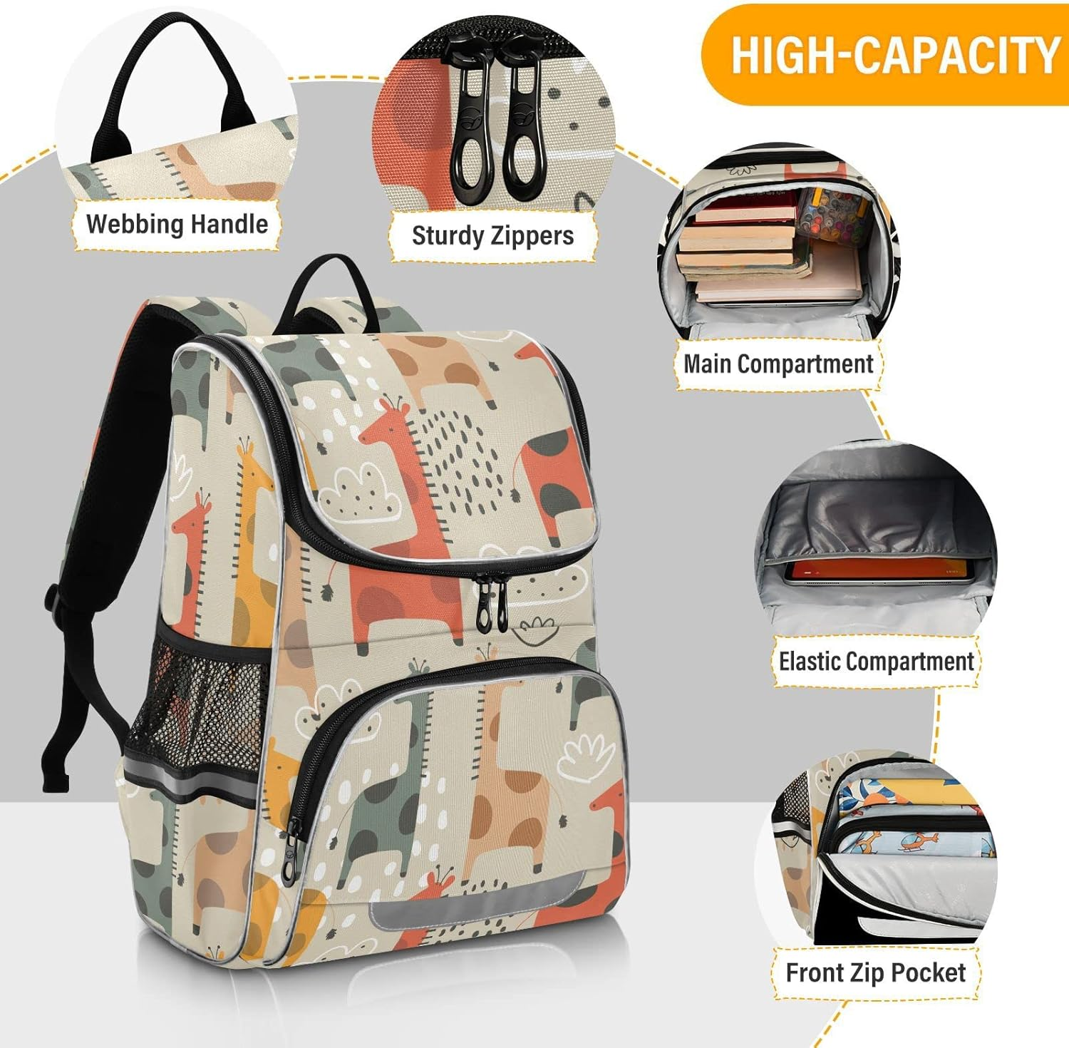 AIXIWAWA Colored Cute Giraffe Kids Backpack for School Travel Hiking, Large Capacity Causal Daypack School Bag with Reflective Strips for Boys Girls 12.2 X 7.87 X 16.14 Inches, Colored, 12.2 X 7.87 X image number 6