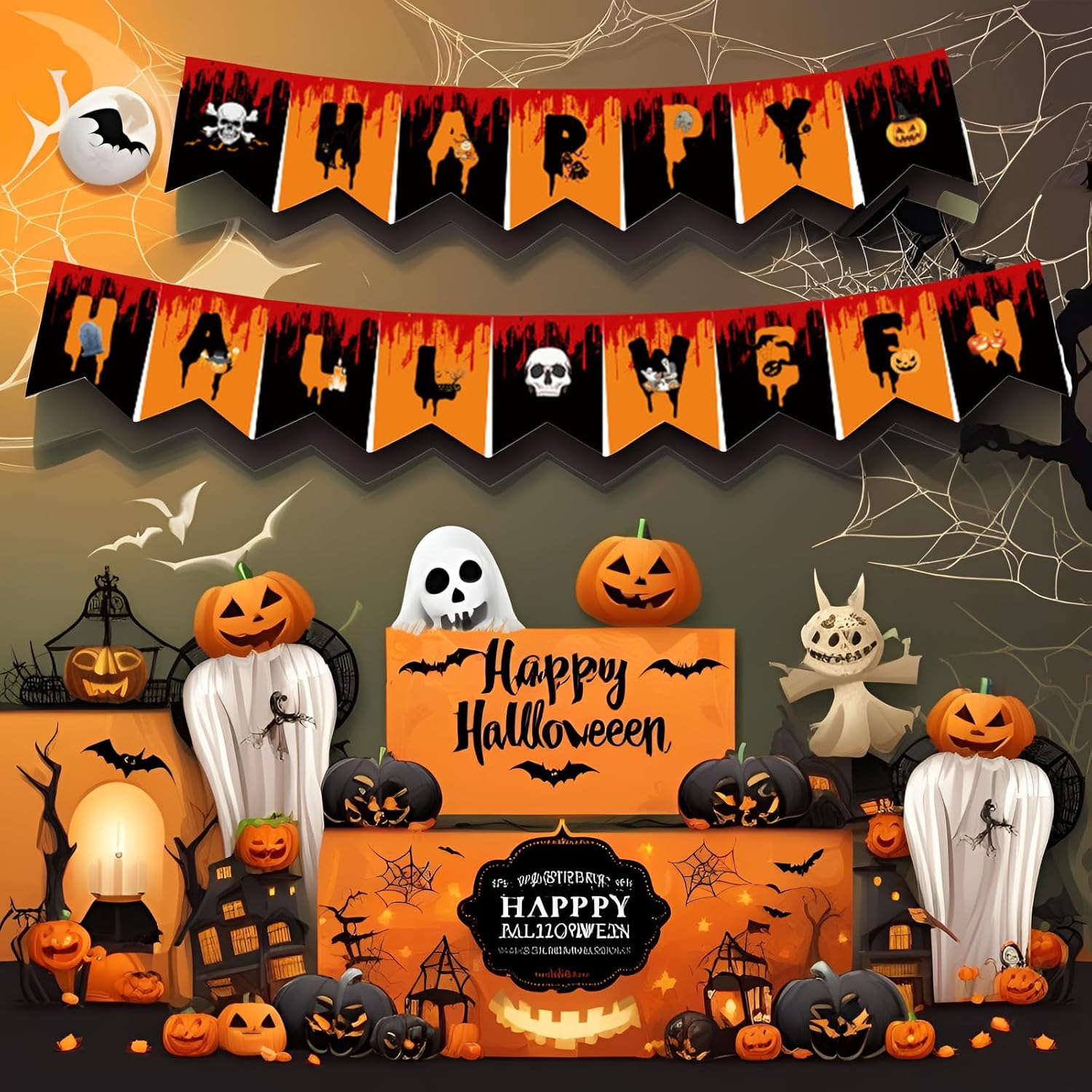 JCBCKJ Halloween Banner - Happy Halloween Bunting with Pumpkin Sign, Perfect for Halloween Party Decorations image number 3
