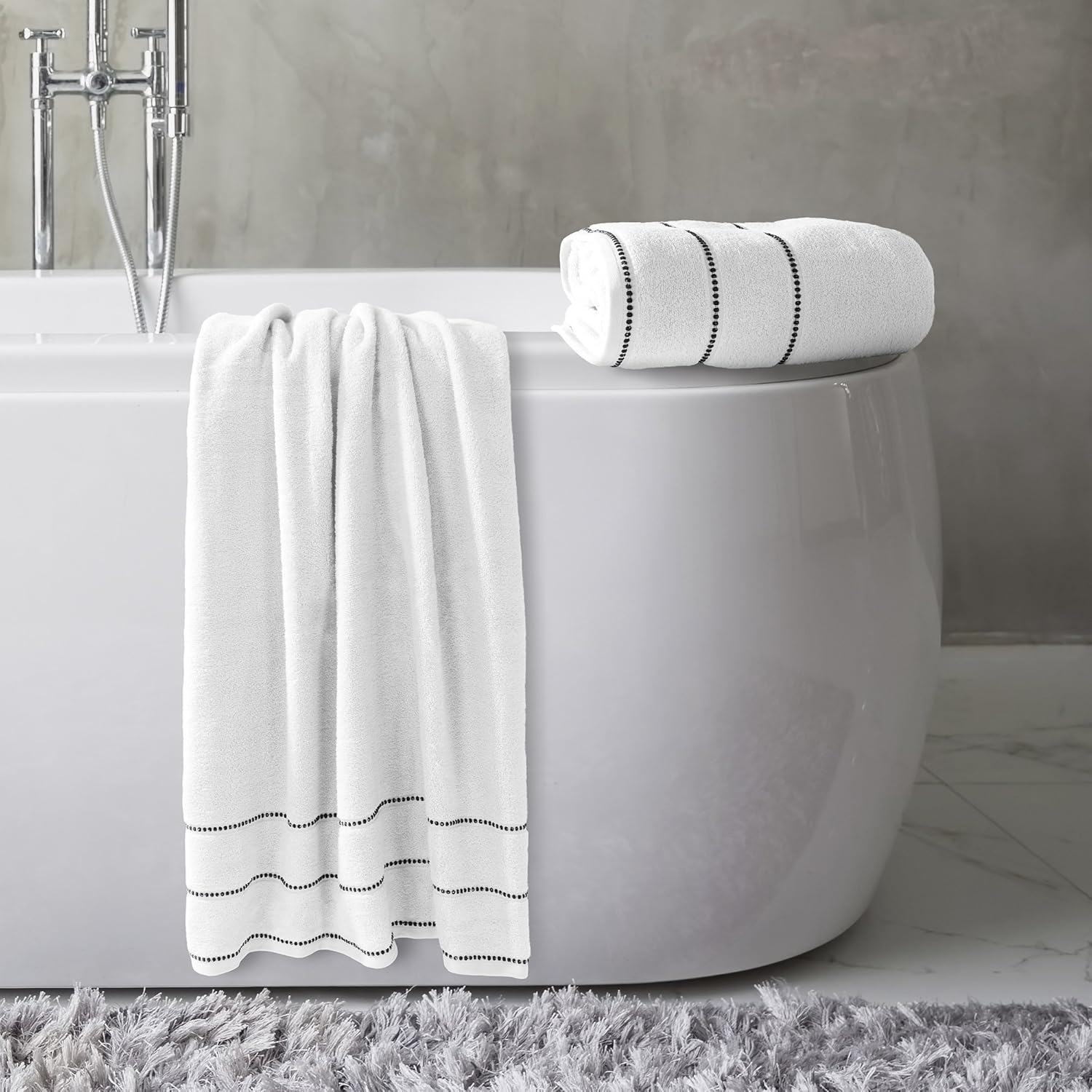 Luxury Cotton Towel Set- 2 Piece Bath Sheet Set Made from 100% Zero Twist Cotton- Quick Dry, Soft and Absorbent by Bedford Home (White/Black) image number 1