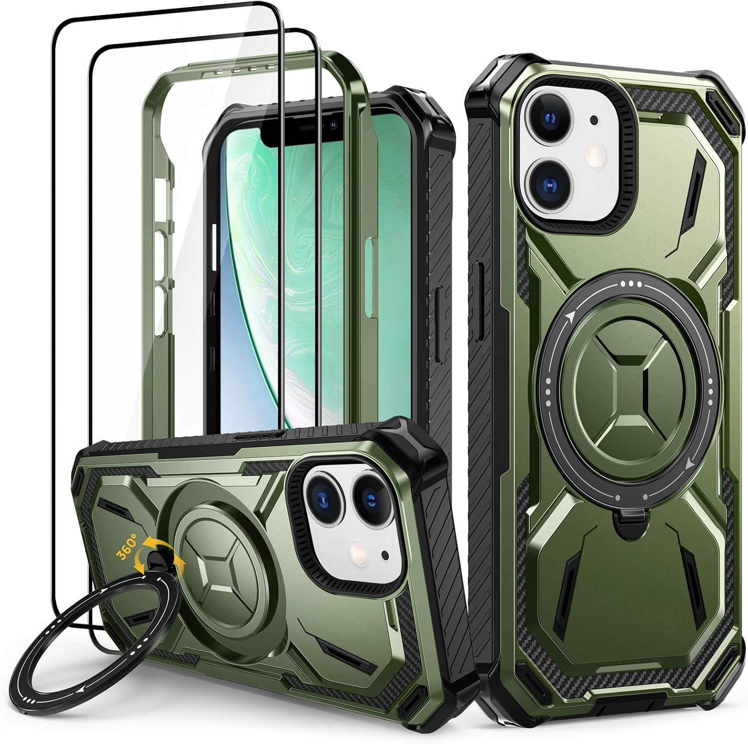 Lanhiem Mobile Phone Case for Iphone 11 Pro Case with 2 Pieces Tempered Glass and 360&deg; Ring Stand, Military Shockproof Protective Case for Iphone 11 Pro Case, Green