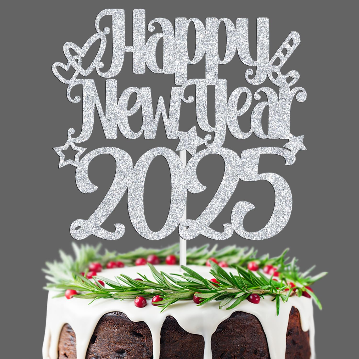 Happy New Year 2025 Cake Topper, Happy Holiday/Merry Christmas Cake Decor, New Year'S Eve Festival Party Decoration Suppllies, Silver Glitter image number 3