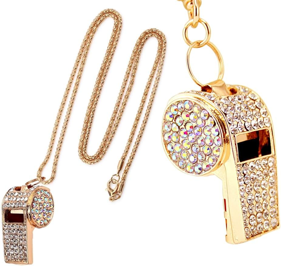2Pcs Gold Diamond Metal Bling Crystal Rhinestone Whistles with Golden Chain Lanyard Shining,Bling Whistle,Loud Sound,Sports Gift Gear for Referees,Teachers,Sports Competition,Basketball,Training image number 4
