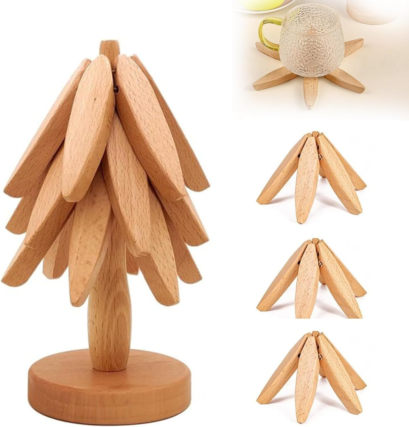 Bamboo Trivets for Hot Dishes, Wooden for Hot Dishes/Pot/Bowl/Teapot/Pot Holders, Trivet 4-Piece Set, Natural Foldable Wooden Trivet, Tree Shape Set (Dark 3 Trivets)