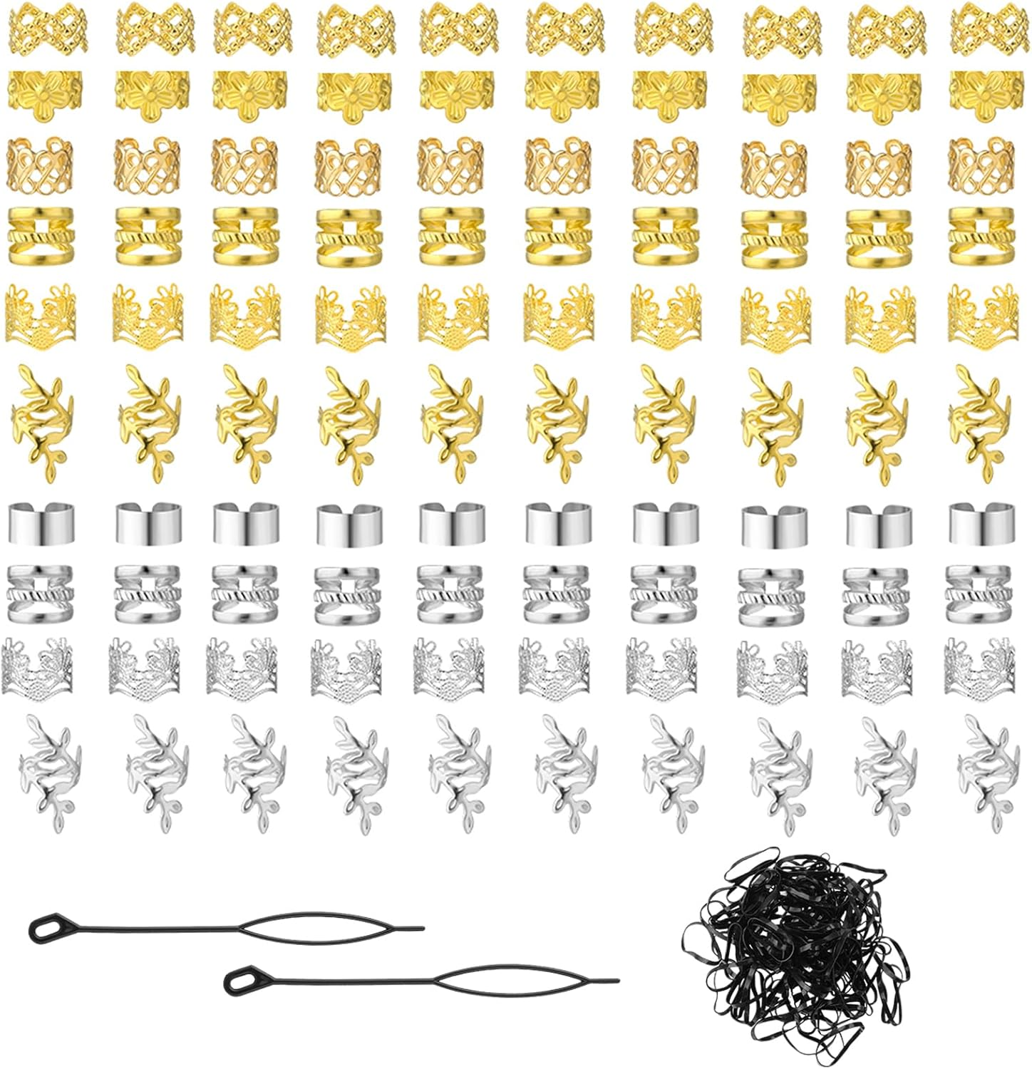 Dusaniyali 100 Piece Dreadlocks Jewellery Set Hair Accessories Pirate Hair Rings Silver and Gold Pirate Hair Accessories Braids Accessories with Rubber Bands Storage Box for Braids Hair image number 5