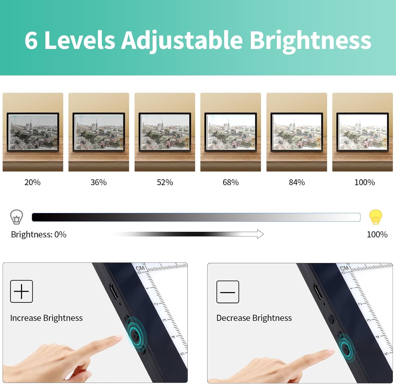 A3 Light Box for Drawing - Portable Battery Powered Light Pad, 3 Colours 6 Levels Brightness Tracing Light Box, Rechargeable LED Light Board for Diamond Painting Weeding Vinyl Drawing image number 4