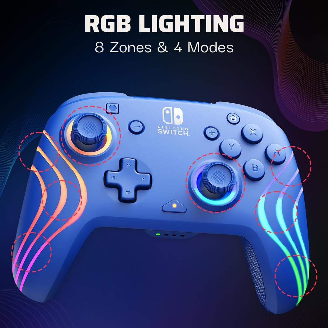 PDP Afterglow Wave Wireless Pro Controller with Full Motion for Nintendo Switch, Nintendo Switch - OLED Model, 8 RGB LED Lighting Zones, 30 Foot Range, 20 Hour Rechargeable Battery: Blue image number 6