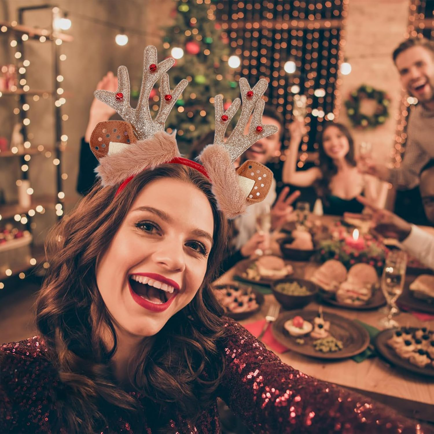 NICENEEDED Reindeer Antlers Headband Cute Plush Christmas Headband with Deer Antlers Halloween Party Cosplay Costume Decorations for Adults image number 5