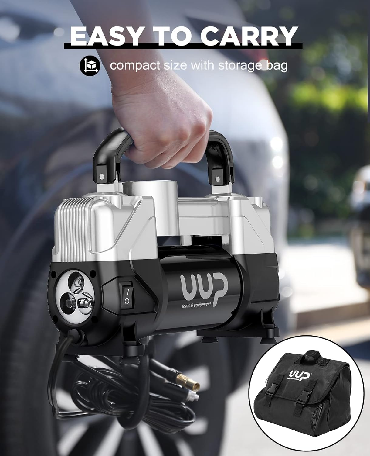 Tire Inflator Air Compressor, 150PSI 12V DC Double Cylinders Heavy Duty Portable Air Pump W/Emergency LED Light for Truck, SUV, Car, RV (Black1) - Black1 image number 2