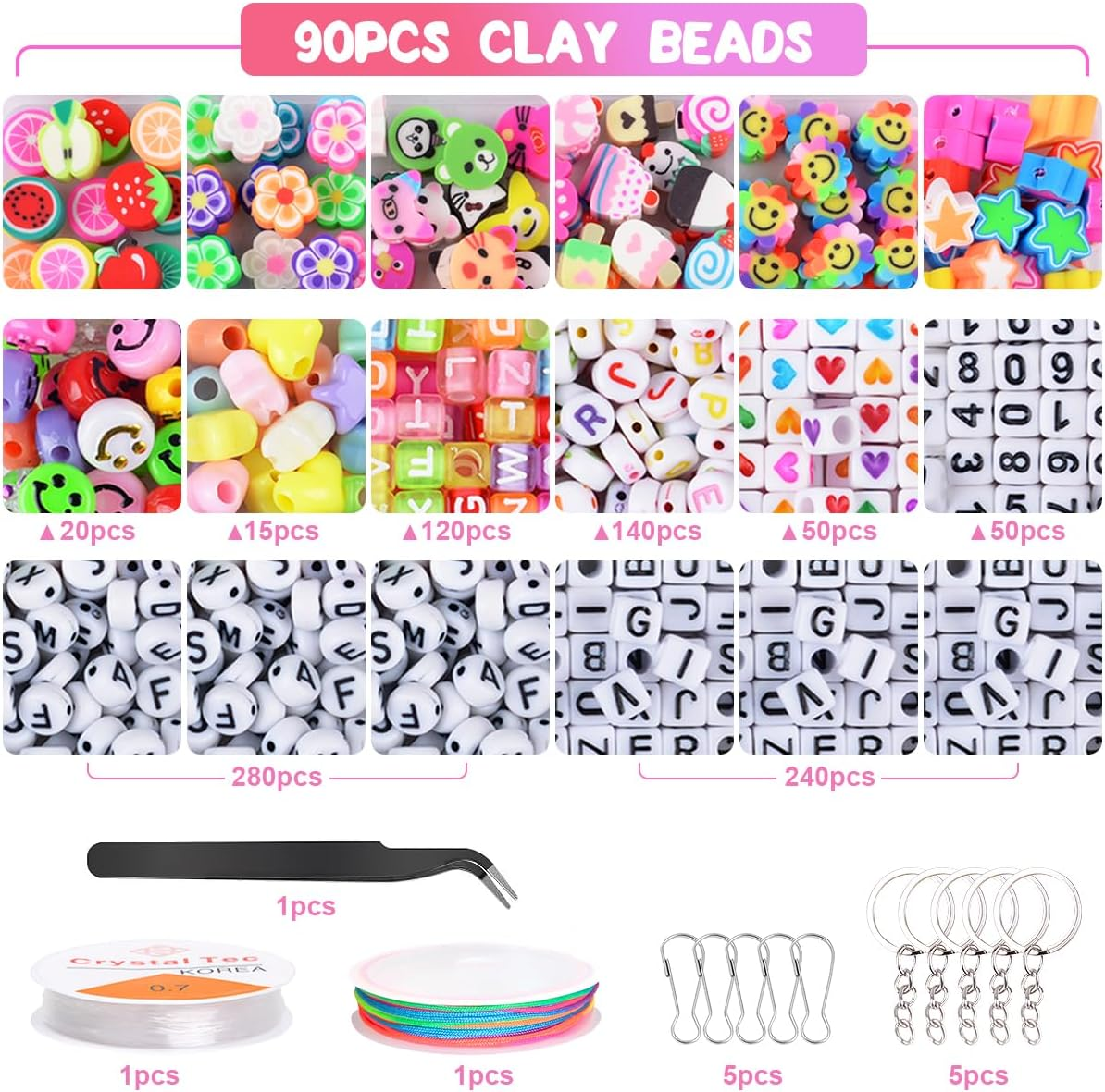 ANSHINE 1740 Pcs Jewelry Making Kit - Pony, Alphabet Letter, Polymer, Smile Heart Number Star Beads for Bracelet Making - Girls and Adults image number 3