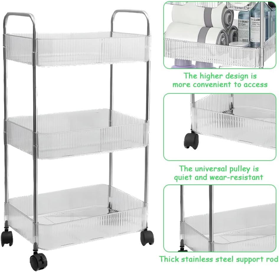 3-Tier Acrylic Storage Rolling Cart, Clear Bathroom Organiser Trolley, Snack Rolling Shelf with Wheels, Movable Storage Organizer for Office Bathroom Kitchen image number 5