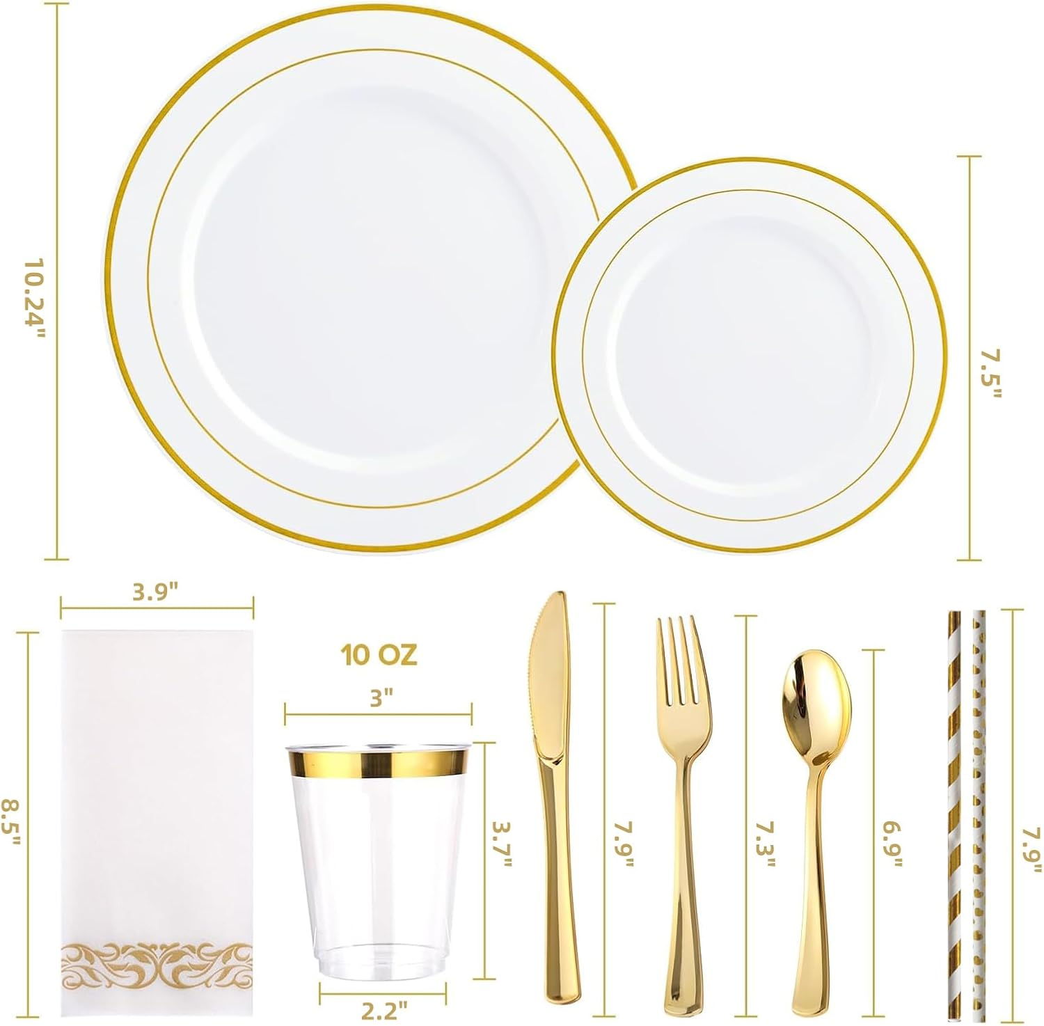Sebusong 225 Pcs Dinnerware Set Gold, Reusable Plastic Dinner Plates Set Include 25 Dinner Plates, 25 Salad Plates, 75 Silverware(25 Forks, Knives, Spoons), 25 Napkins, 25 Cups, 50 Paper Straws image number 4