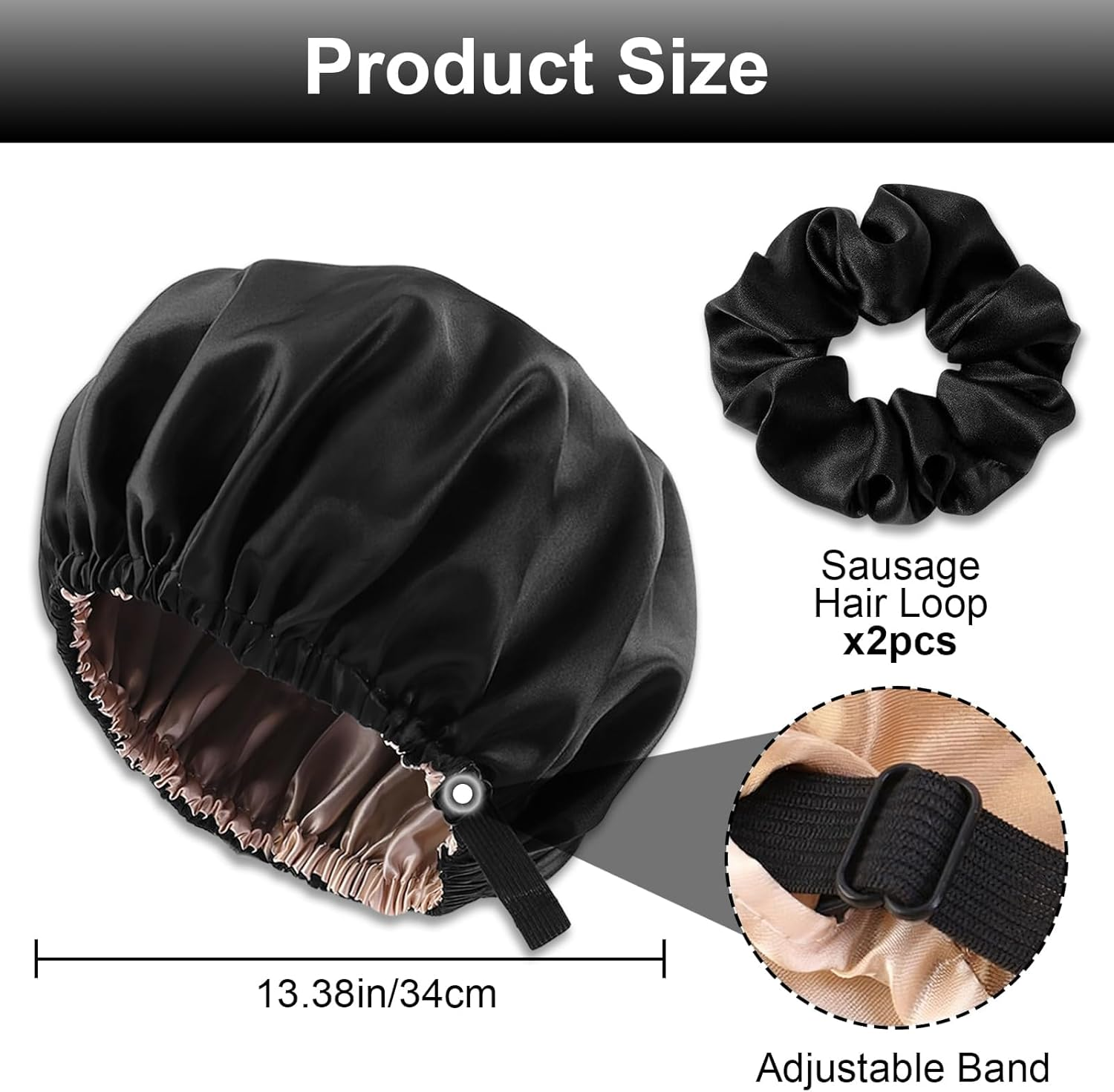 Satin Bonnet, Adjustable Double Layered Satin Cap, Satin Sleep Hair Cap for Women Girls Shower, Sleeping (Black)