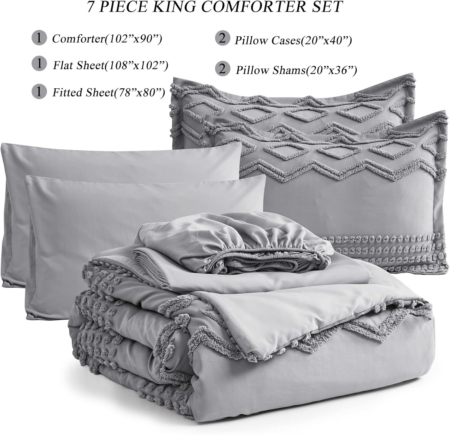 KAKIJUMN Grey Tufted Comforter Set King Size 7 Piece Bed in a Bag, Shabby Chic Boho Comforter and Sheet Set, Pom Pom Textured Bed Set, All Season Soft Microfiber Complete Bedding Set(Grey,King) image number 4