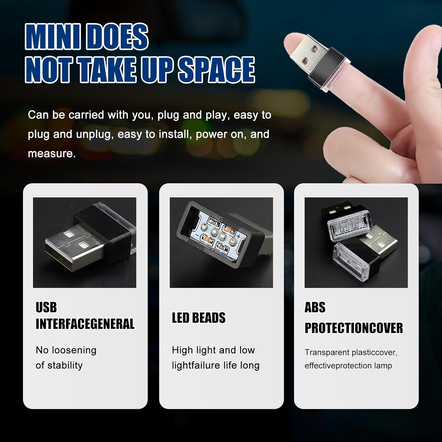 4 PCS USB LED Light, Automotive Interior Atmosphere Lamp, Car Mini USB Night Lights Decorative Light, Cool Car Interior Accessories Light for USB Interface(Blue) (Blue Light)