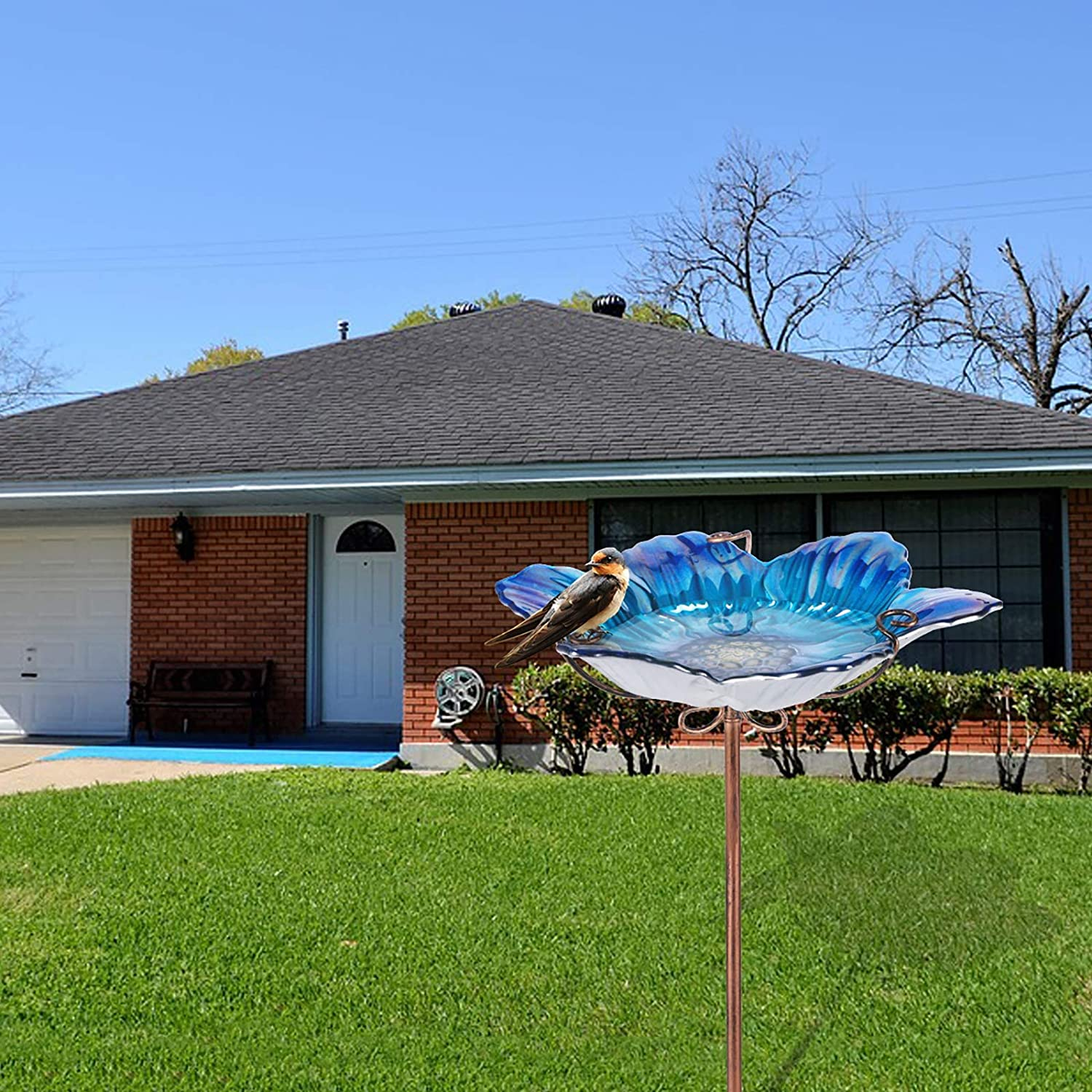 MUMTOP Bird Baths for Outdoors Glass Bird Bath Bowl Outdoor Bird Feeder Flower Pattern with Metal Stake for Garden, Yard and Lawn Decor(Blue)