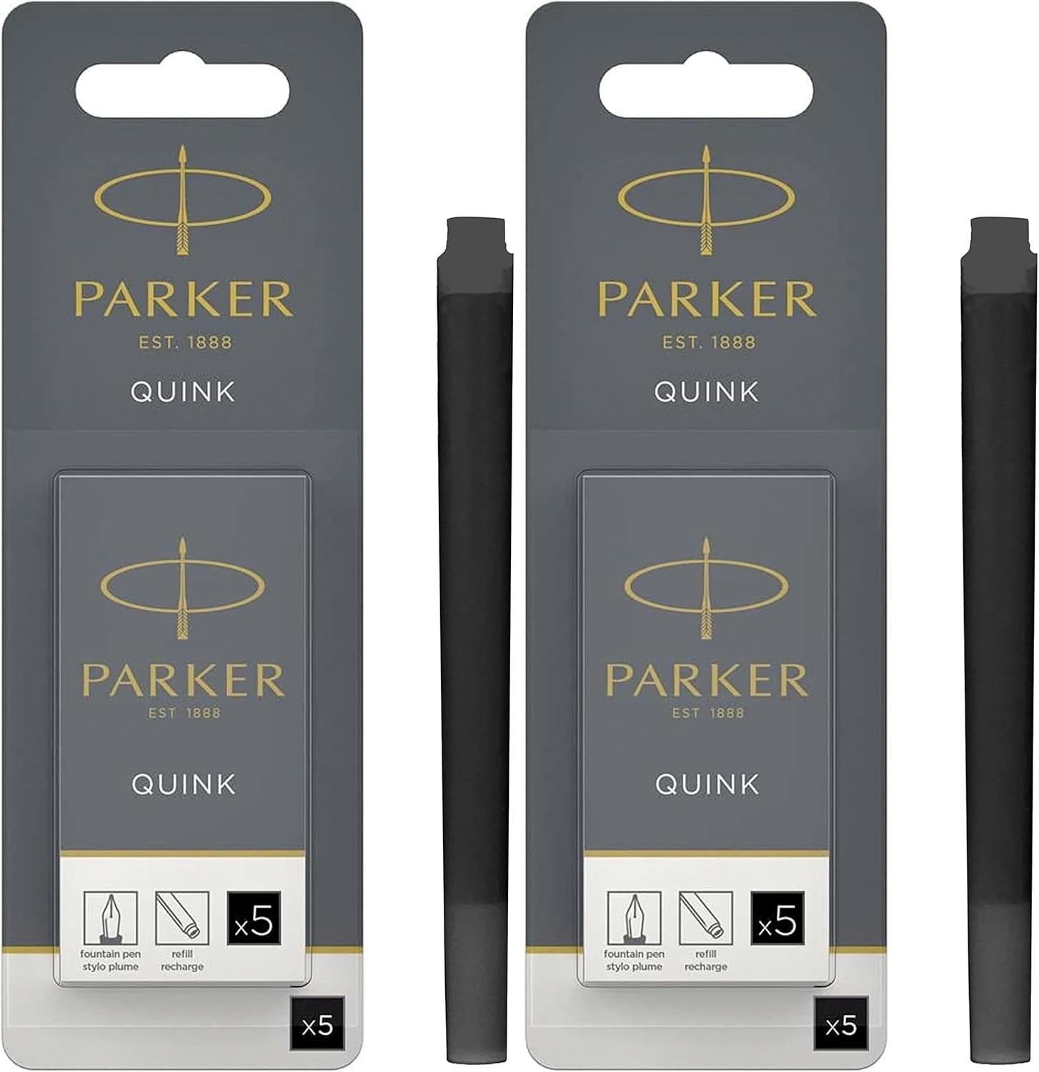 PARKER QUINK Long Fountain Pen Ink Refill Cartridges, Black, 5 Count (Pack of 2)