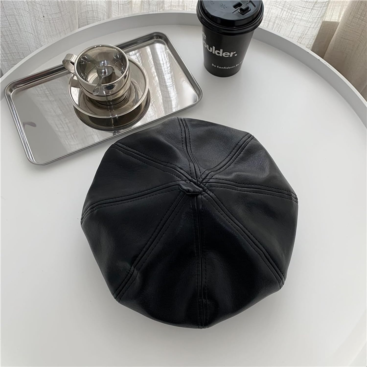 TRADERPLUS 8 Panels Newsboy Cap for Women, PU Leather French Artist Beret Hat Fiddler Cap image number 6