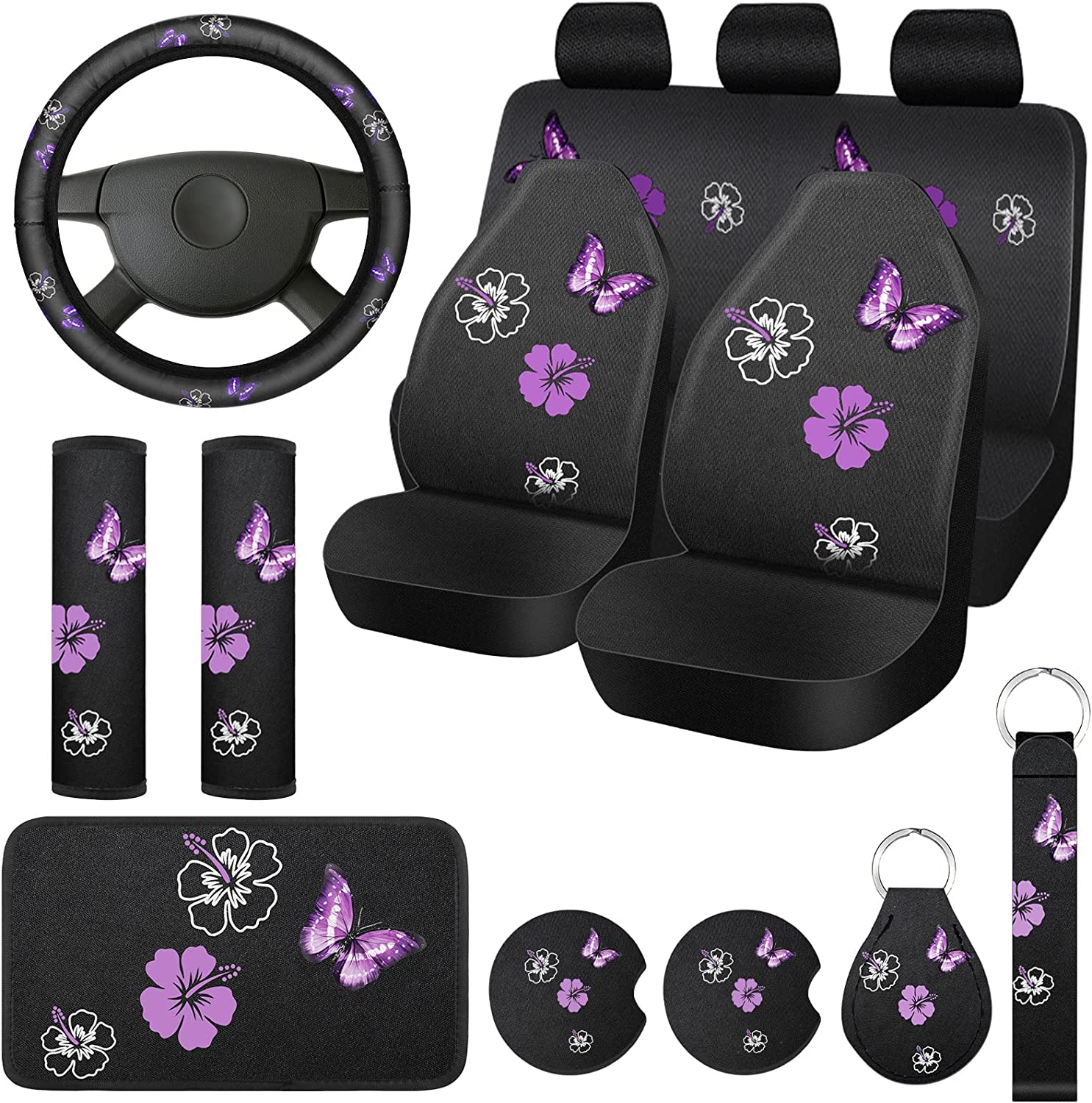15 Pcs Butterfly Car Seat Covers Full Set Butterfly Front Rear Seat Covers Steering Wheel Cover Wrist Strap Coasters Armrest Shoulder Pads (Purple Glitter Butterfly Style)