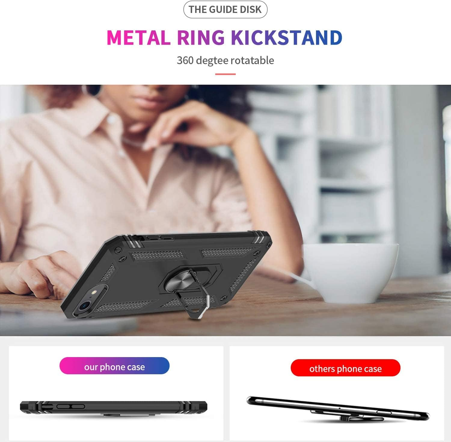 Leyi for Iphone SE Case 2022, Iphone SE 3Rd Generation Case with [2Pack] Tempered Glass Screen Protector, [Military-Grade] Cover with Magnetic Ring Kickstand for Iphone SE 2022/2020, Black - Red image number 7