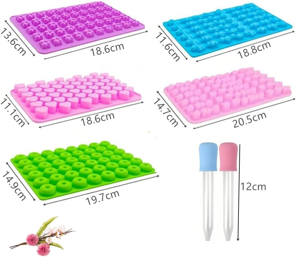 Silicone Gummy Molds,With 2 Bonus Dropper for DIY Gummy,Caasfooy 5 PCS Non-Stick Silicone Candy Molds, Mini Fruit Mold,Best Food Grade Silicone Gumdrop Molds for Jelly,Candy, Chocolate image number 1