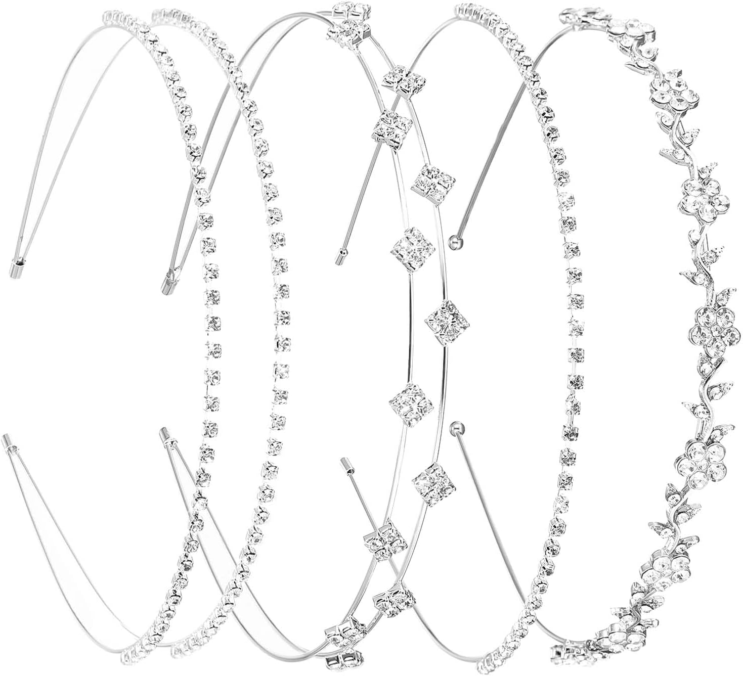 4Pcs Rhinestone Headband Silver Bridal Wedding Headband Crystal Flower Girl Leaves Crown Metal Hair Band Tiara Prom Hair Accessories Flower Leaf Headpiece for Women Girls Gift, Common, Metal image number 6