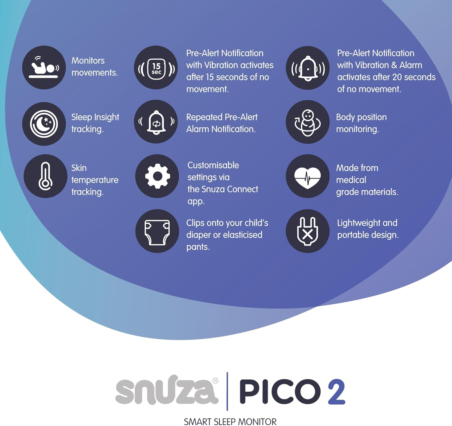 Snuza Pico 2 &ndash; Smart Sleep Monitor | Connect to App or Use as Standalone Device | Tracks Movement, Sleep Patterns, Body Position & Skin Temperature | Real-Time Alerts for Safer Sleeping image number 1