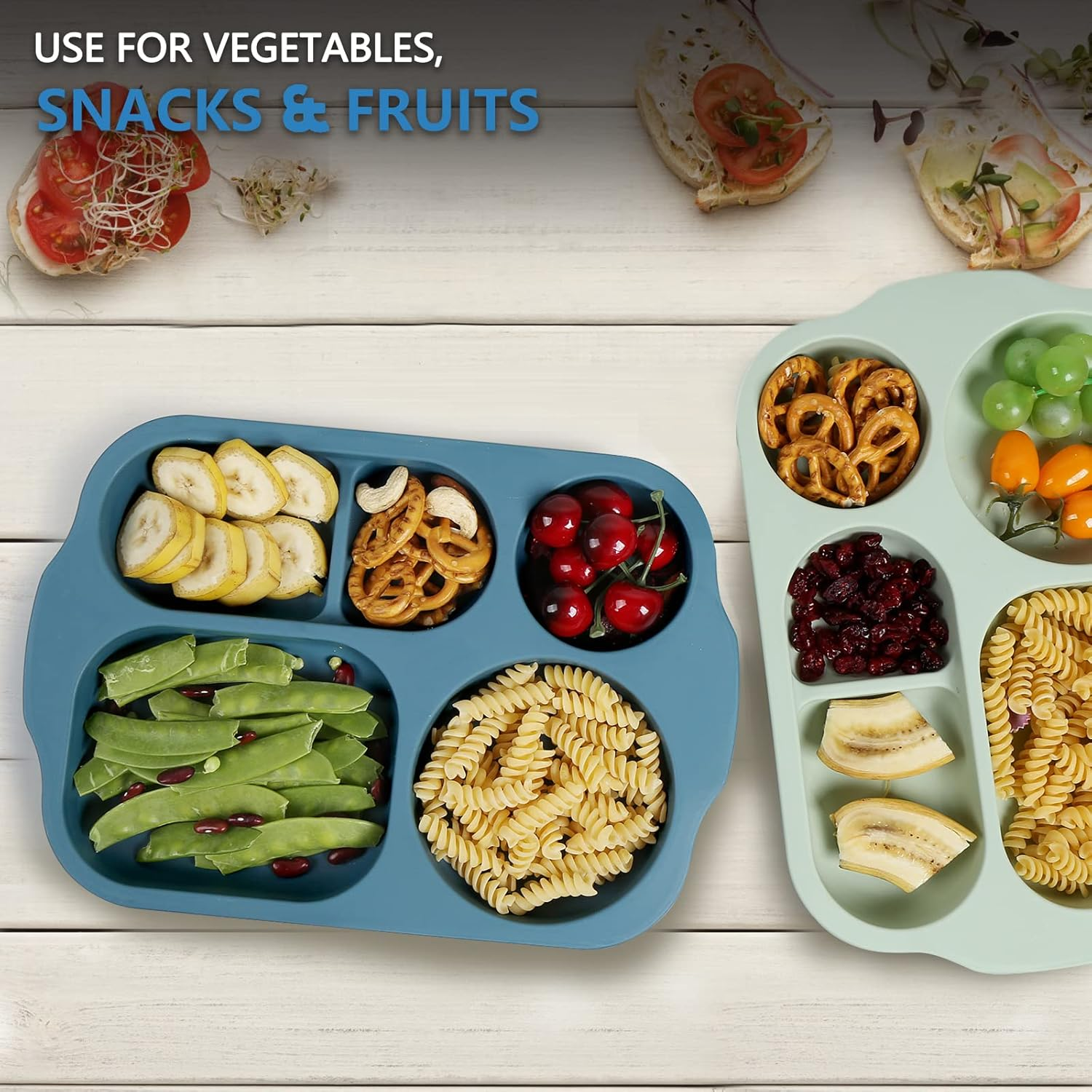 Shopwithgreen Divided Plates for Kids Adults, 12 Inch (4PCS) Plastic Unbreakable Section Plates, Large Lightweight Reusable Compartment Lunch Trays, BPA Free Dishwasher & Microwave Safe - Coastal(With Lids) image number 5