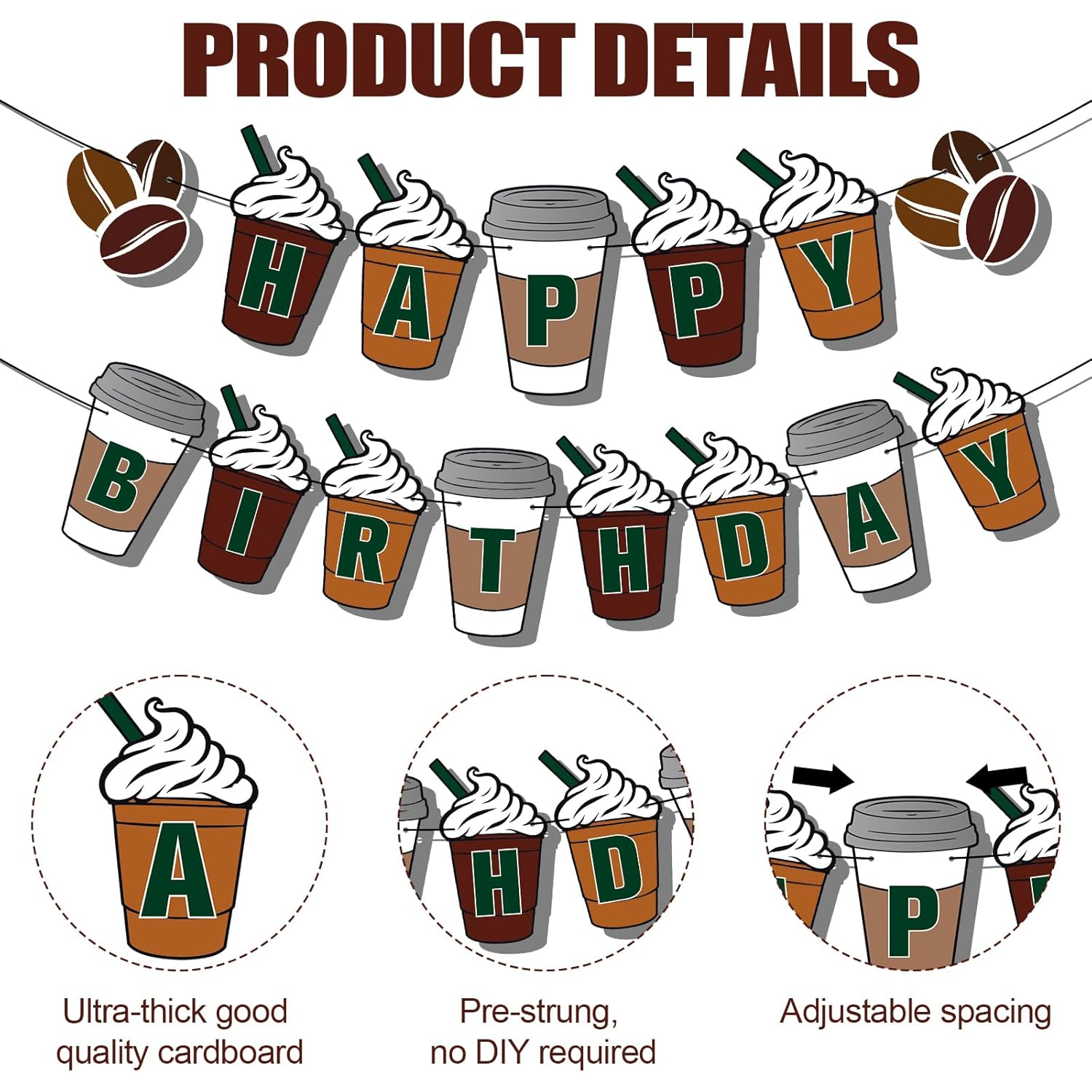 Happy Birthday Banner, Pre-String Coffee Themed Party Decorations Frappe Coffee Birthday Decorations for Coffee Party Supplies image number 3