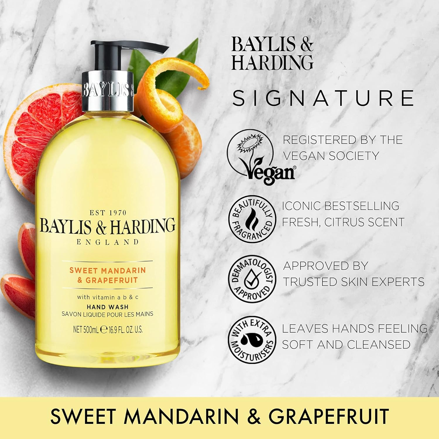 Baylis & Harding Liquid Hand Soap Wash with Dispenser, Sweet Mandarin & Grapefruit, 16.9Oz/500Ml (3-Pack) image number 5