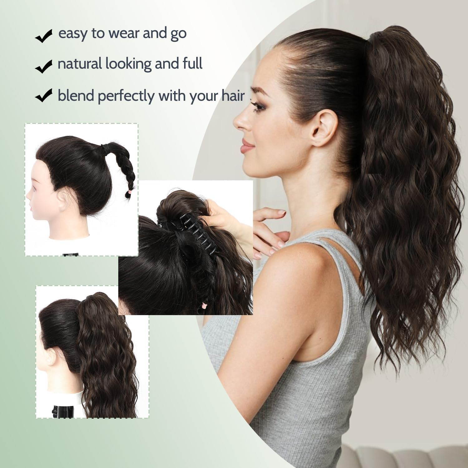 Fine plus Claw Clip Ponytail Extension, 45 Cm Long Curly Ponytail Extension Brown Synthetic Wavy Extensions Clip in Ponytail Hairpieces for Women image number 3