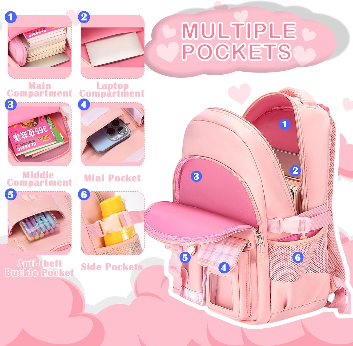 Lifelix School Backpack for Girls Kids Cute Pink Bookbag for Elementary Middle Schoolbag Backpacks Ages 6-14 image number 5