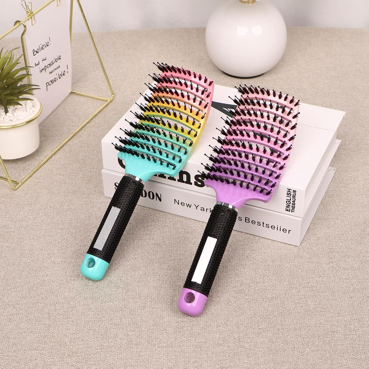 2Pcs Detangling Hairbrush Curved and Vented Detangling Hair Brush for Long Thick Curly Hair Comfortable Boar Bristle Hair Brush for for Combing Detangling (Rainbow Gradient) image number 4