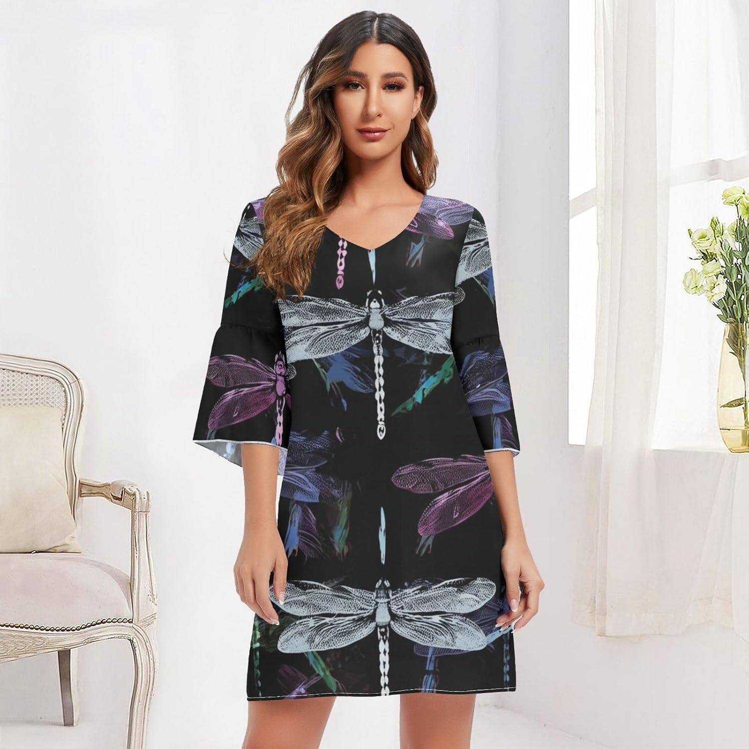 Dragon Fly Black Casual V Neck Dress Printed Line Maternity Dress S-XXL image number 1