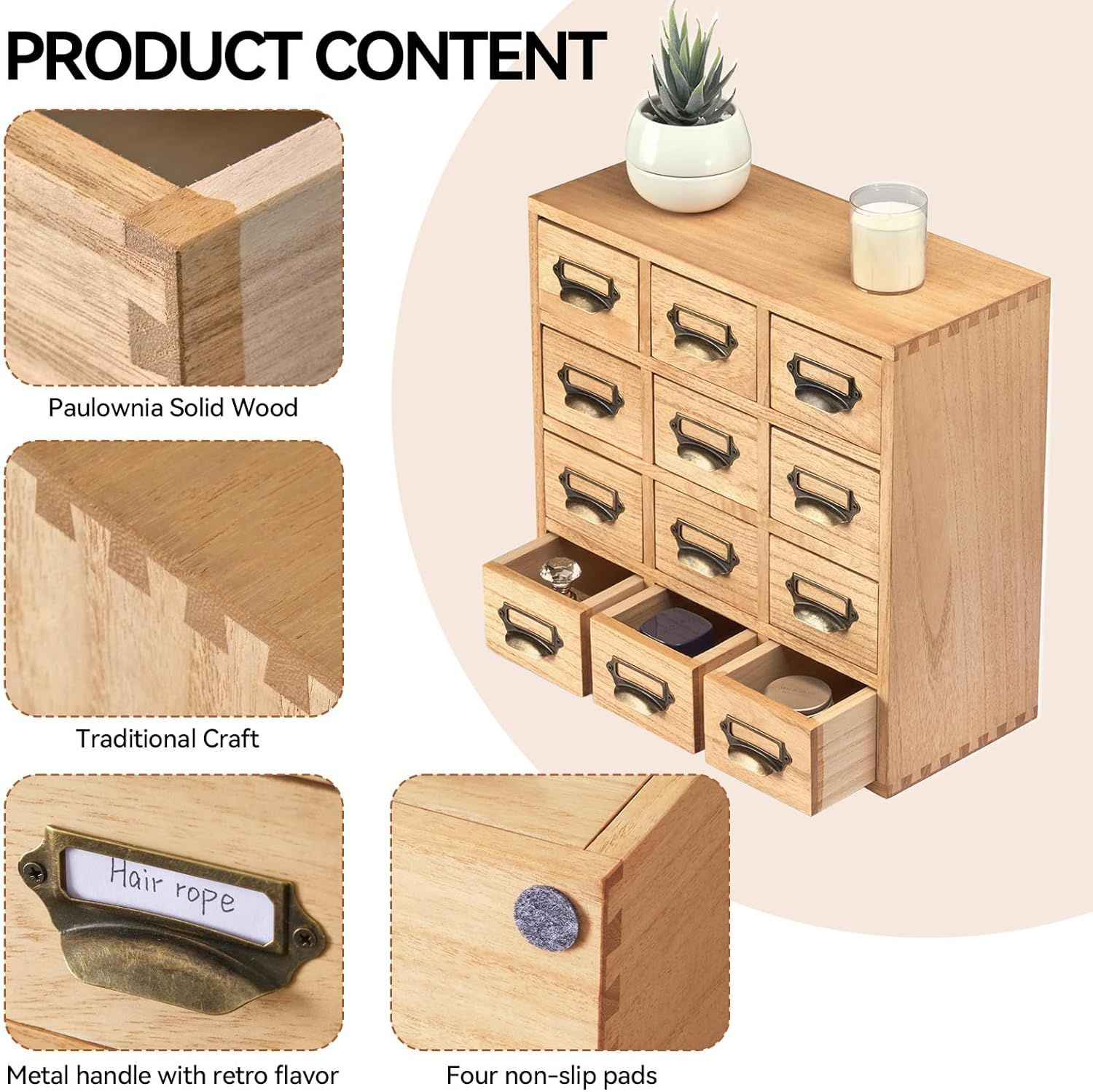 KIRIGEN Wood Drawer Organizer Desktop Storage Cabinet Box Drawers for Home Office Desk Organization and Storage 12 Drawer Mini Chest with Metal Handles Natural(12Cg-Na) image number 3