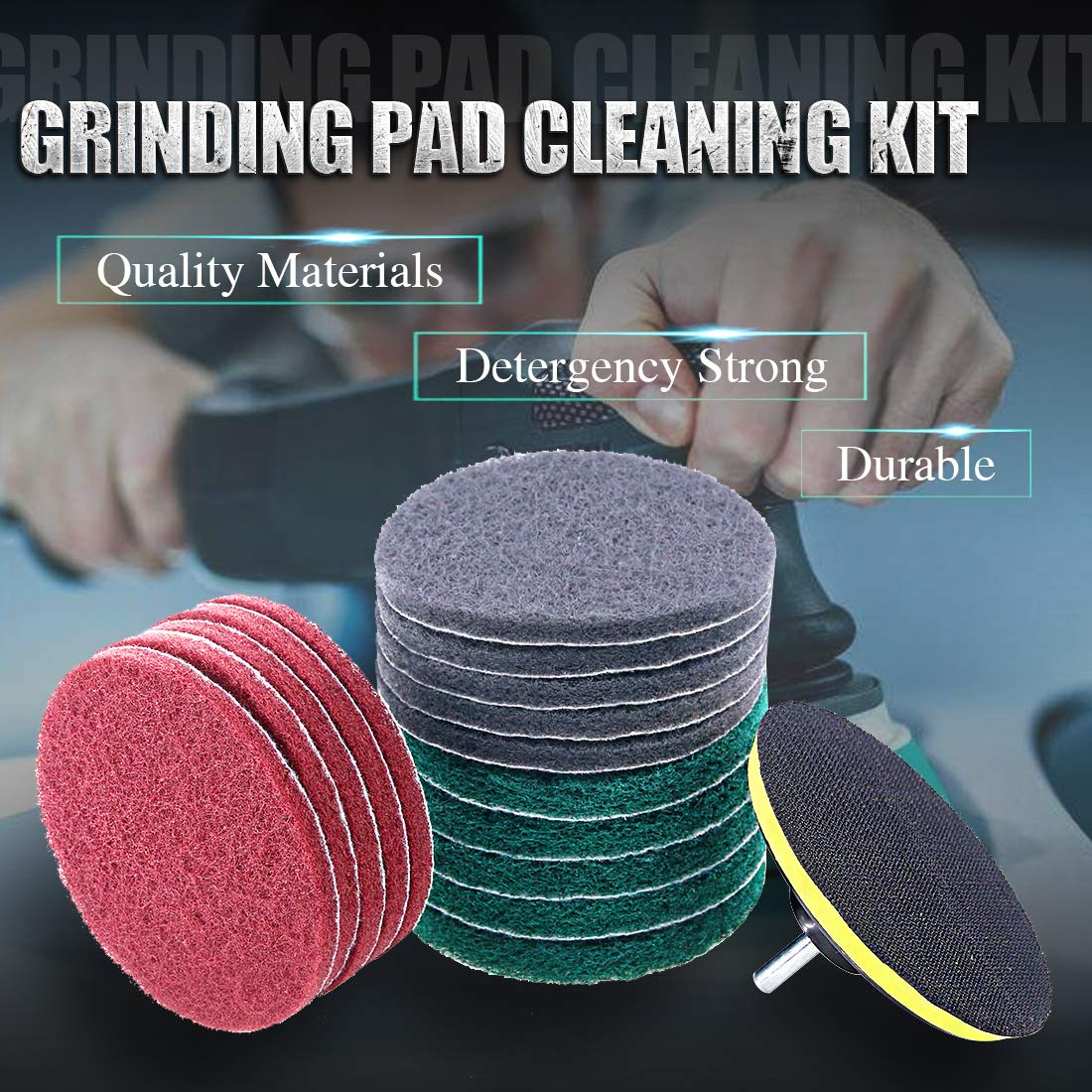 Swpeet 16Pcs 5Inch 3 Different Color Scrubbing Pads Drill Powered Brush Tile Scrubber Scouring Pads Cleaning Kit, Abrasive Buffing Pads Replacement with 1 Pcs Hook Attachment for House Cleaning image number 6