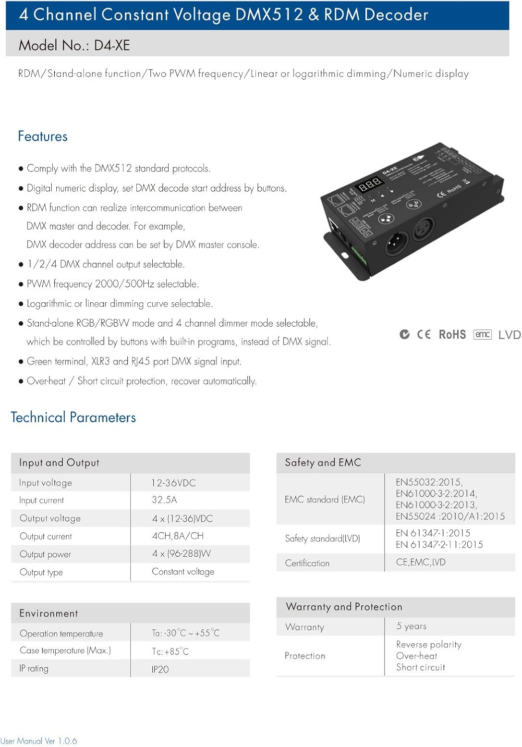 4 Channel Decoder DMX512 & RDM Decoder DMX 512 Digital Display Decoder Dimming Driver DMX512 Controller for LED RGBW Tape Strip Light RJ45 Connection