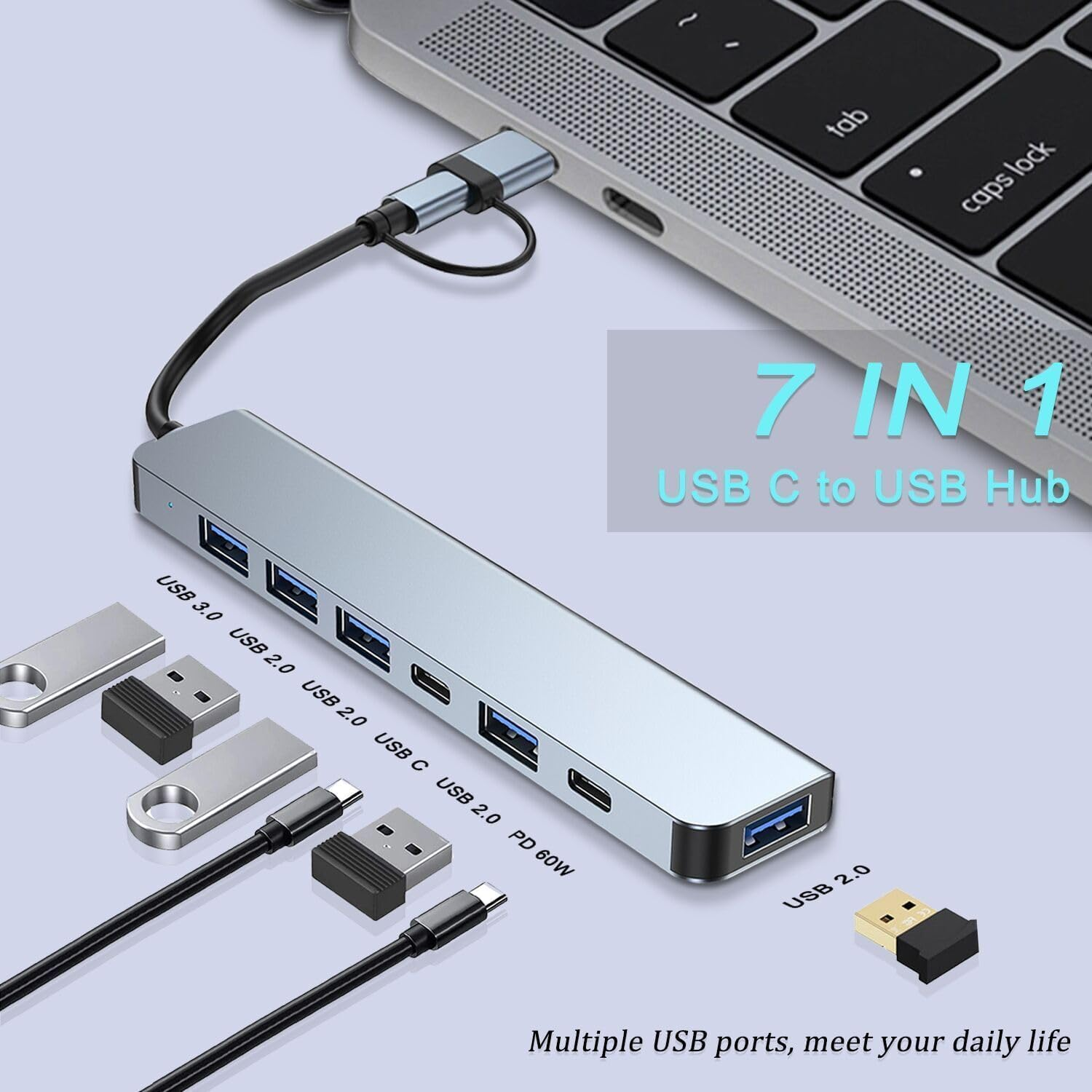Aluminum 7 in 1 USB C Hub with USB 3.0, USB 2.0 Ports for Macbook Pro Air and More Devices(7 in 1-Port) image number 5