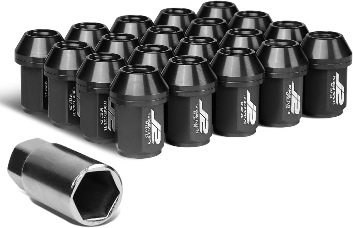 J2 Engineering 20Pcs M12 X 1.25 7075-T6 Aluminum 35Mm Close-End Lug Nut W/Socket Adapter (Black)